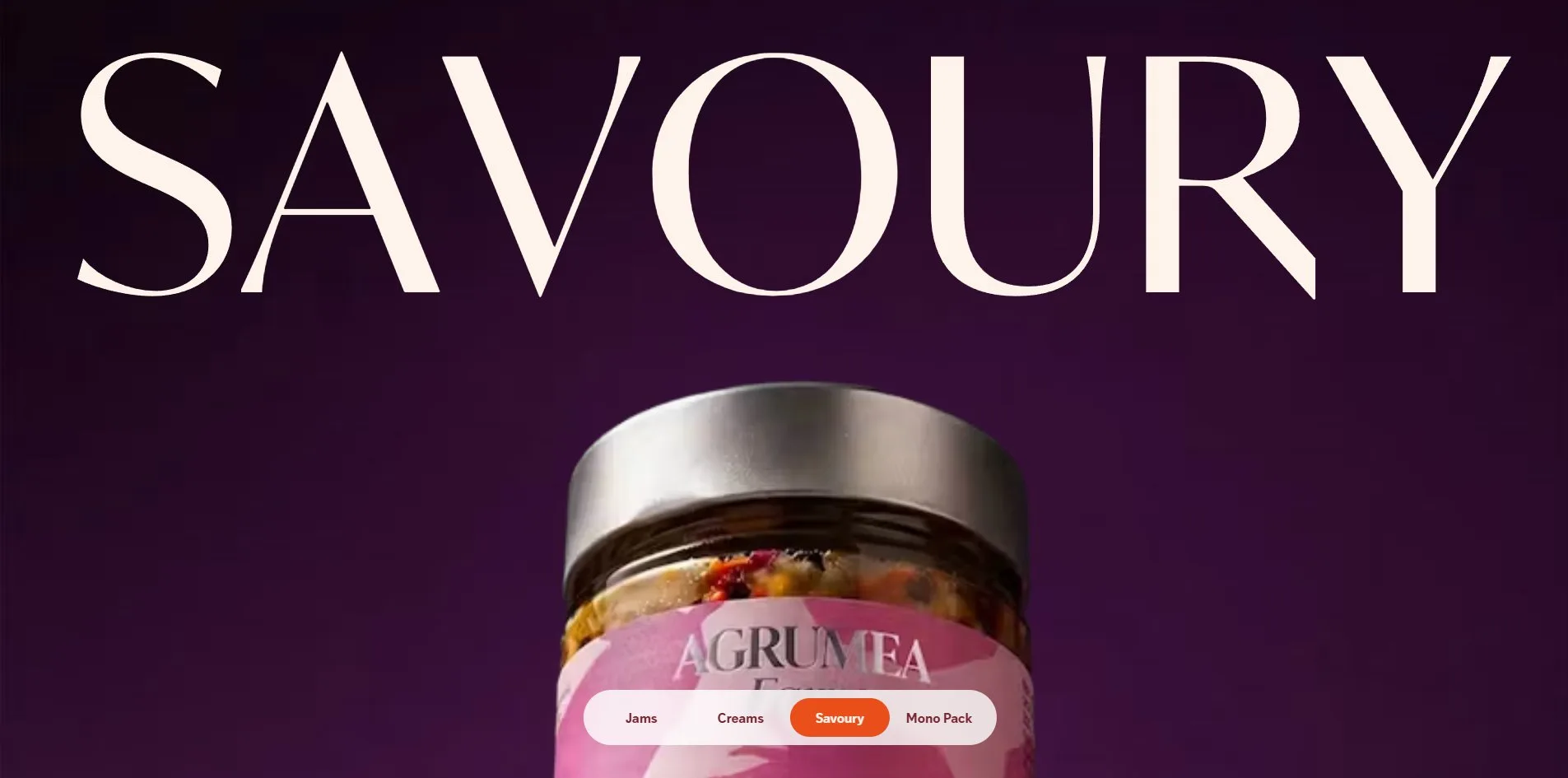The Savoury section of the Pantry page, the white serif word SAVOURY across a deep purple photograph, a jar of caponata rising from the bottom edge, and a row of pill buttons in the lower right with the Savoury one filled orange.
