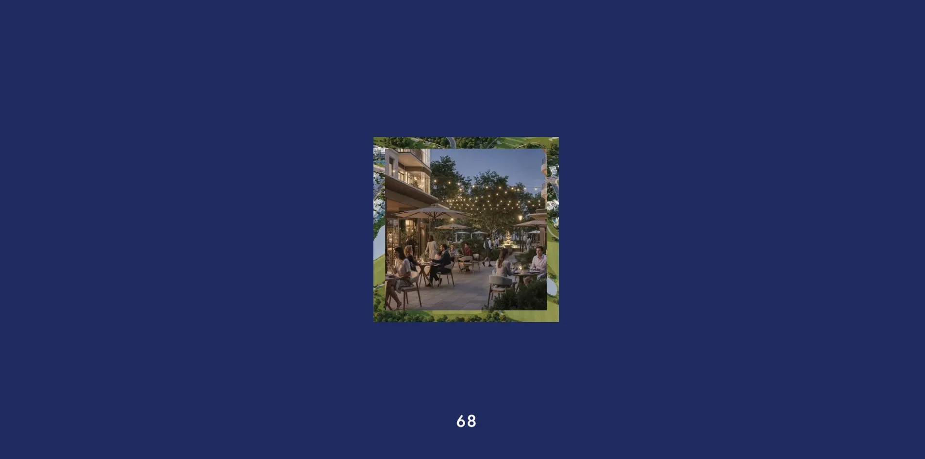 On a dark blue opening screen, a small square photo of an open-air restaurant rendering sits in the centre, with the white two-digit number 68 below it.