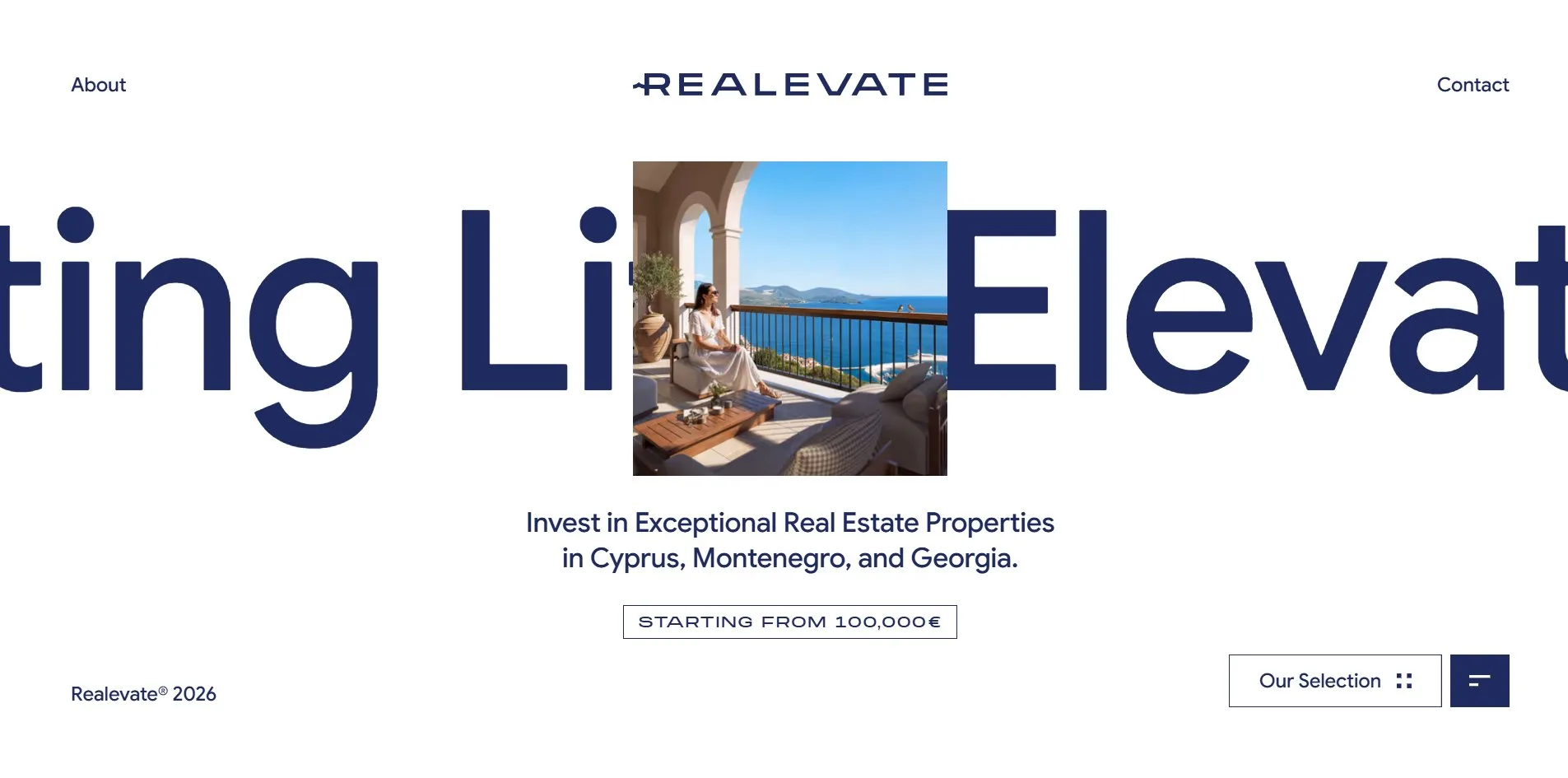 On the home page, the dark blue giant letters of Elevating Life run across the middle of the screen, a portrait photo sits over the centre of the letters, in it a woman in a white dress sits on a stone balcony under an arch looking at the sea, and below the photo are a slogan and a starting price label.