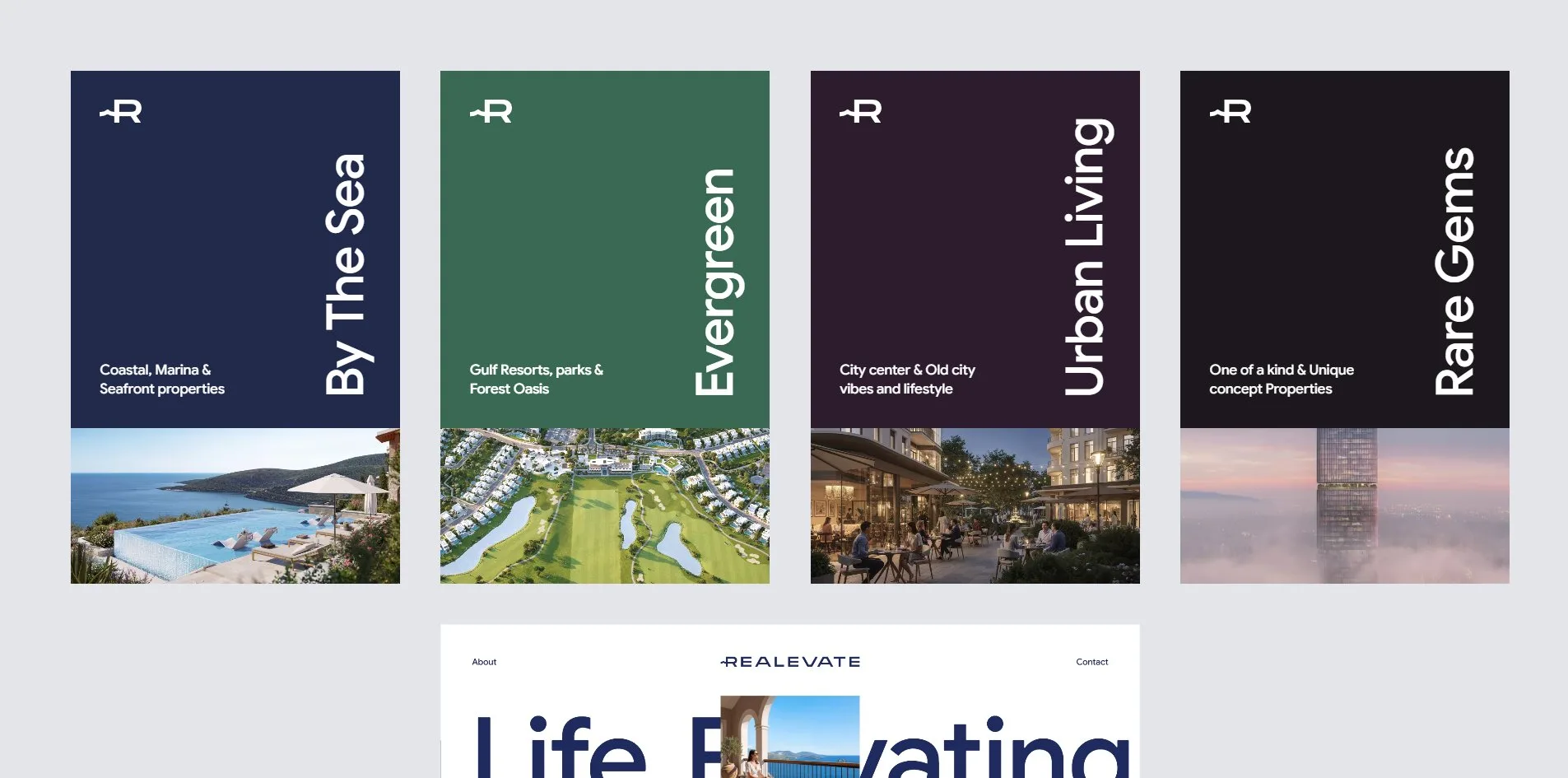Four cards stand in a row on a pale grey background, deep navy By The Sea, dark green Evergreen, dark plum Urban Living and near black Rare Gems, each with its title set vertically on the right and a photo of that category in its lower part, and a corner of the shrunken home page shows beneath them.