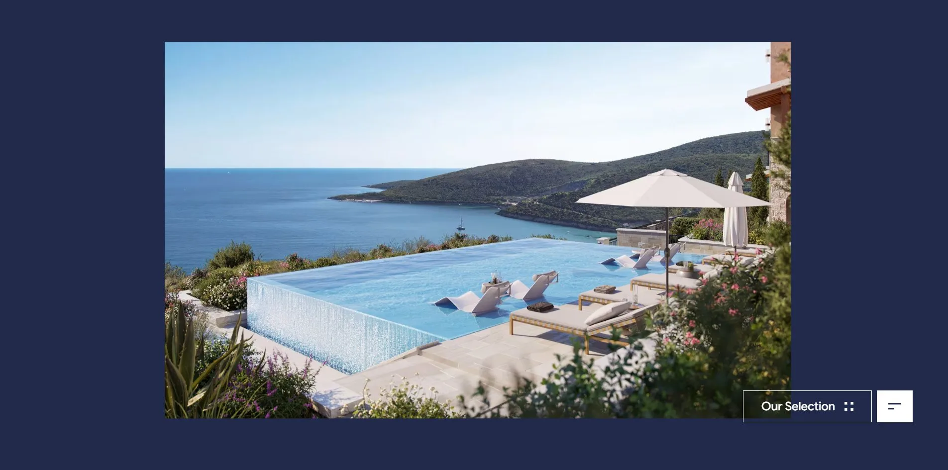 On the deep navy page, the cover photo has grown from a small square to 1259 by 757 pixels, showing an infinity pool on a cliff with two loungers and a white umbrella at its edge and a bay in the distance.