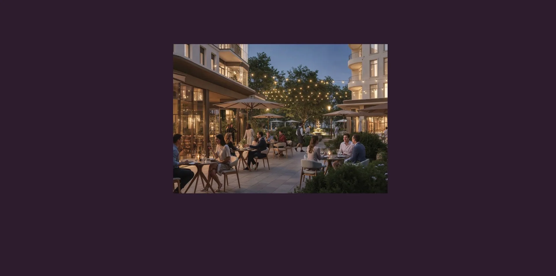 Only a small square photo of an open-air restaurant hung with string lights remains in the centre of a dark plum screen, with nothing else on the page and the next page's title not yet visible.
