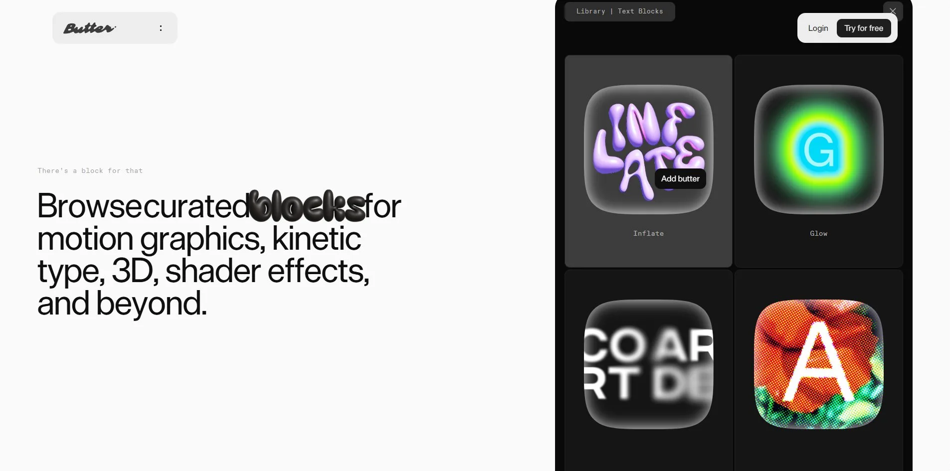 In the effect library, the pointer rests on the Inflate card, whose background has lightened, a small black label reading Add butter floats at its lower right, and the word blocks in the headline has become a row of swollen purple balloon letters that push curated and for apart.