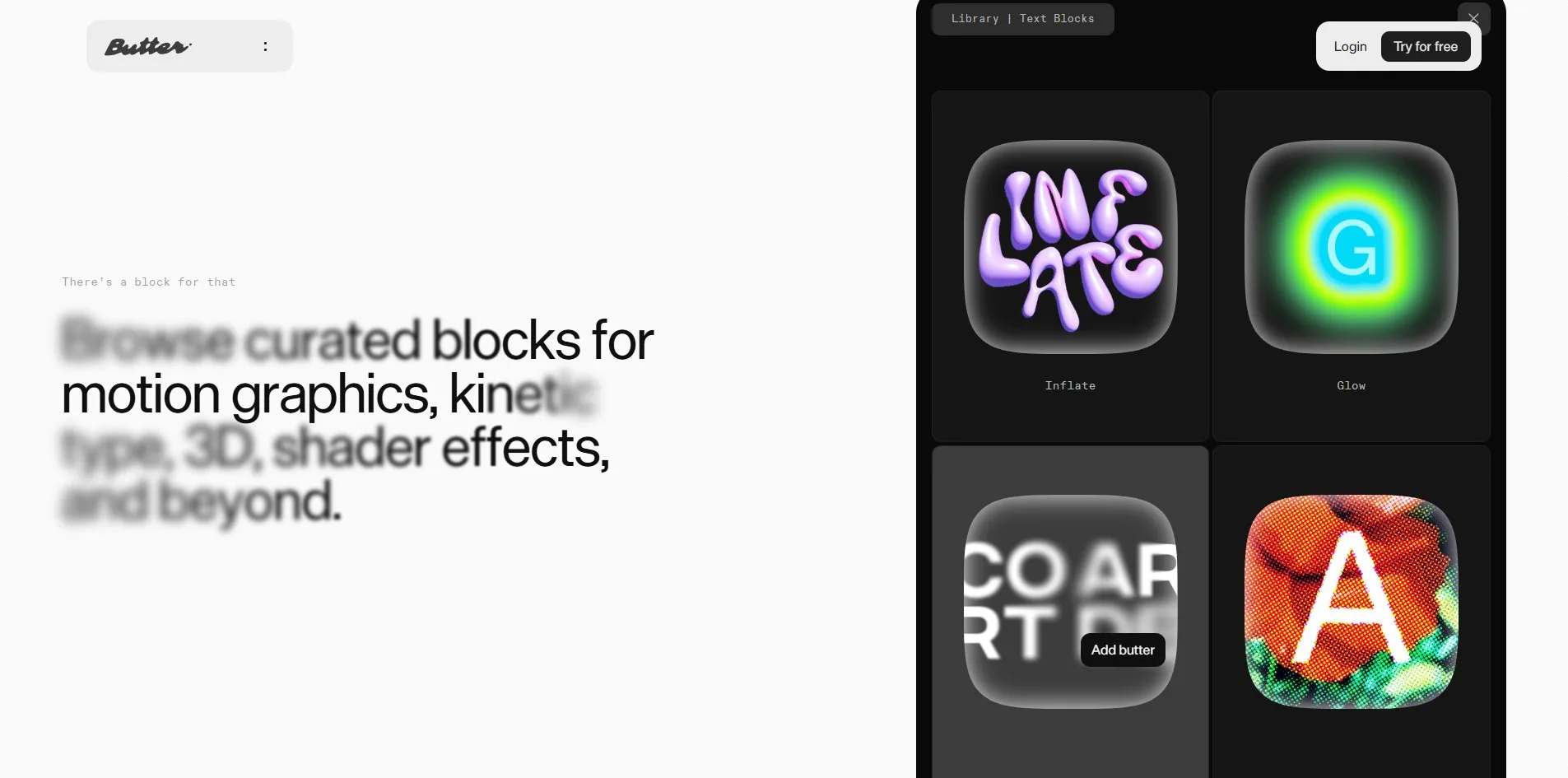 In the effect library, the pointer rests on the Focus card and only curated blocks for, motion graphics and shader effects stay sharp in the headline Browse curated blocks for motion graphics, kinetic type, 3D, shader effects, and beyond, while every other word blurs away. The black panel on the right holds four cards, purple balloon letters reading INFLATE, a glowing green G, a blurred white COART and a white A on an orange ground, with a small black Add butter label floating beside the Focus card.
