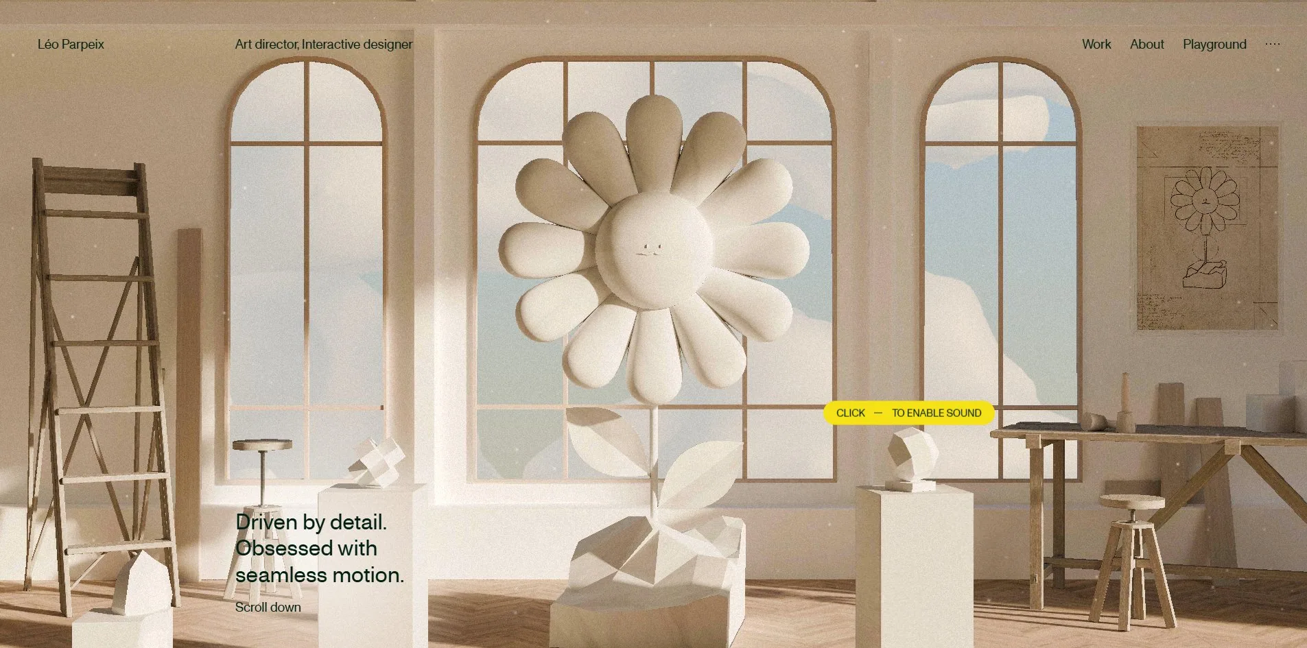How it opens, the portfolio set out as a sculpture studio with the daisy on the central plinth