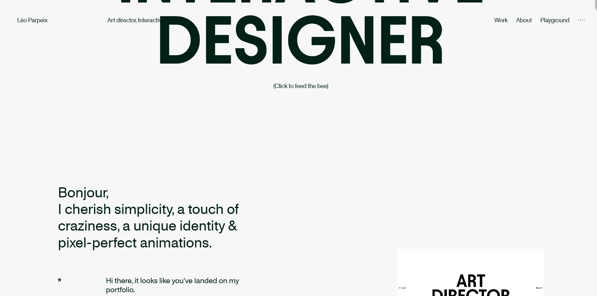 A line of small type under the large words INTERACTIVE DESIGNER reads, click to feed the bee