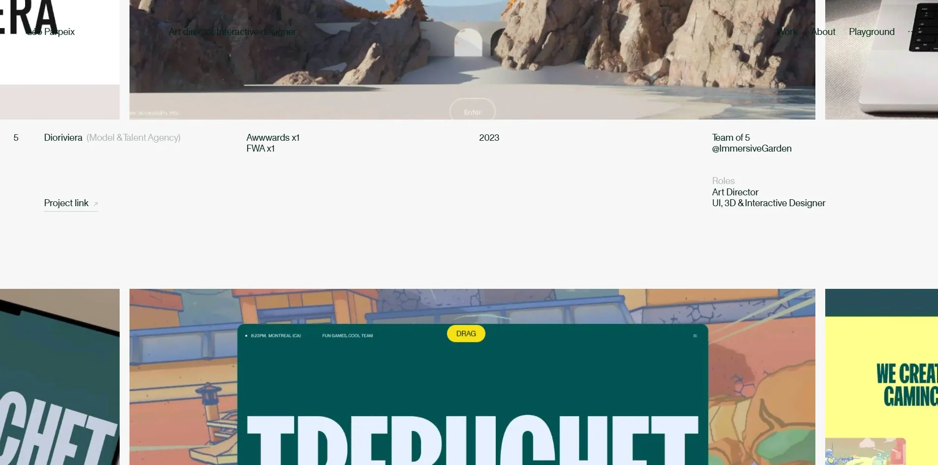 A row on the Archives page listing year, award count, team size, company and personal role, with the next project's thumbnails below