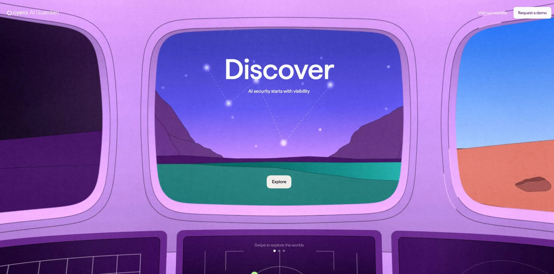 Three cockpit windows. Outside the middle one is a teal lake under a purple starry sky with a few white stars joined by dashed lines, the large word Discover and the line AI security starts with visibility above a white Explore button. The right window shows a red desert under a blue sky, and a row of dark purple monitor screens below the windows carries the words Swipe to explore the worlds.