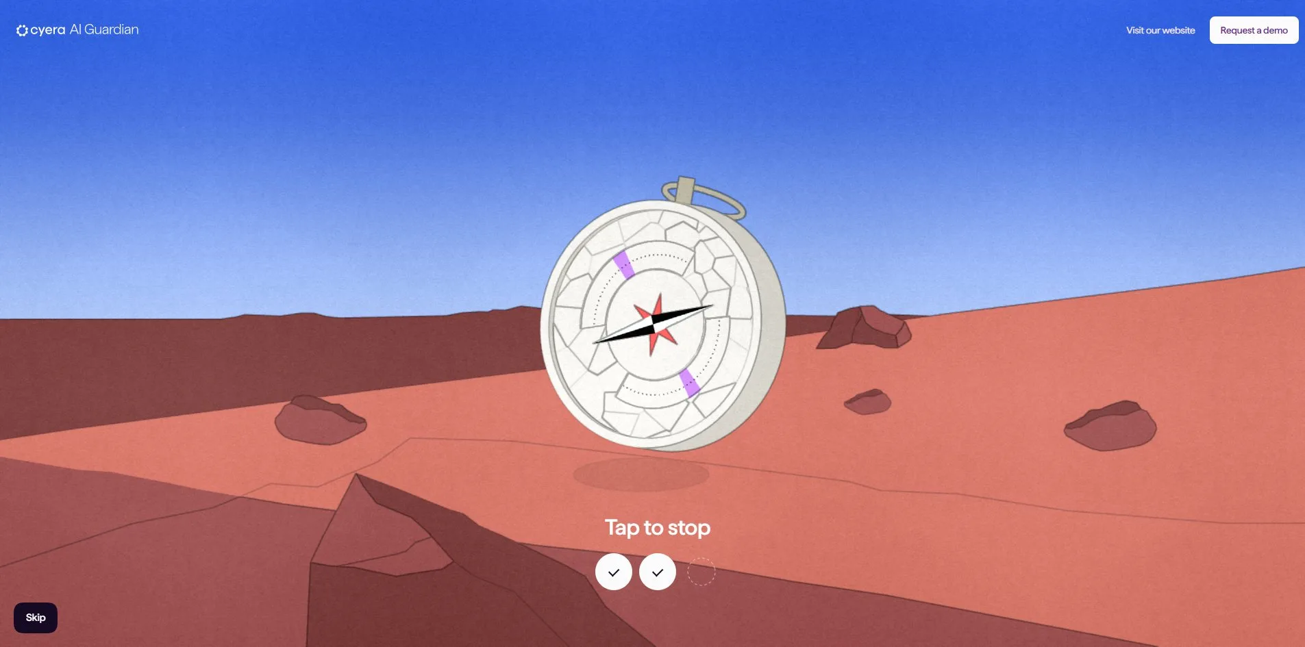 The Govern compass game. The glass over the compass hanging above the red desert is cracked into many pieces, only two short purple zones remain on the dial, the black-and-white needle points to the upper right, and below it Tap to stop sits above three circles, two of them ticked.