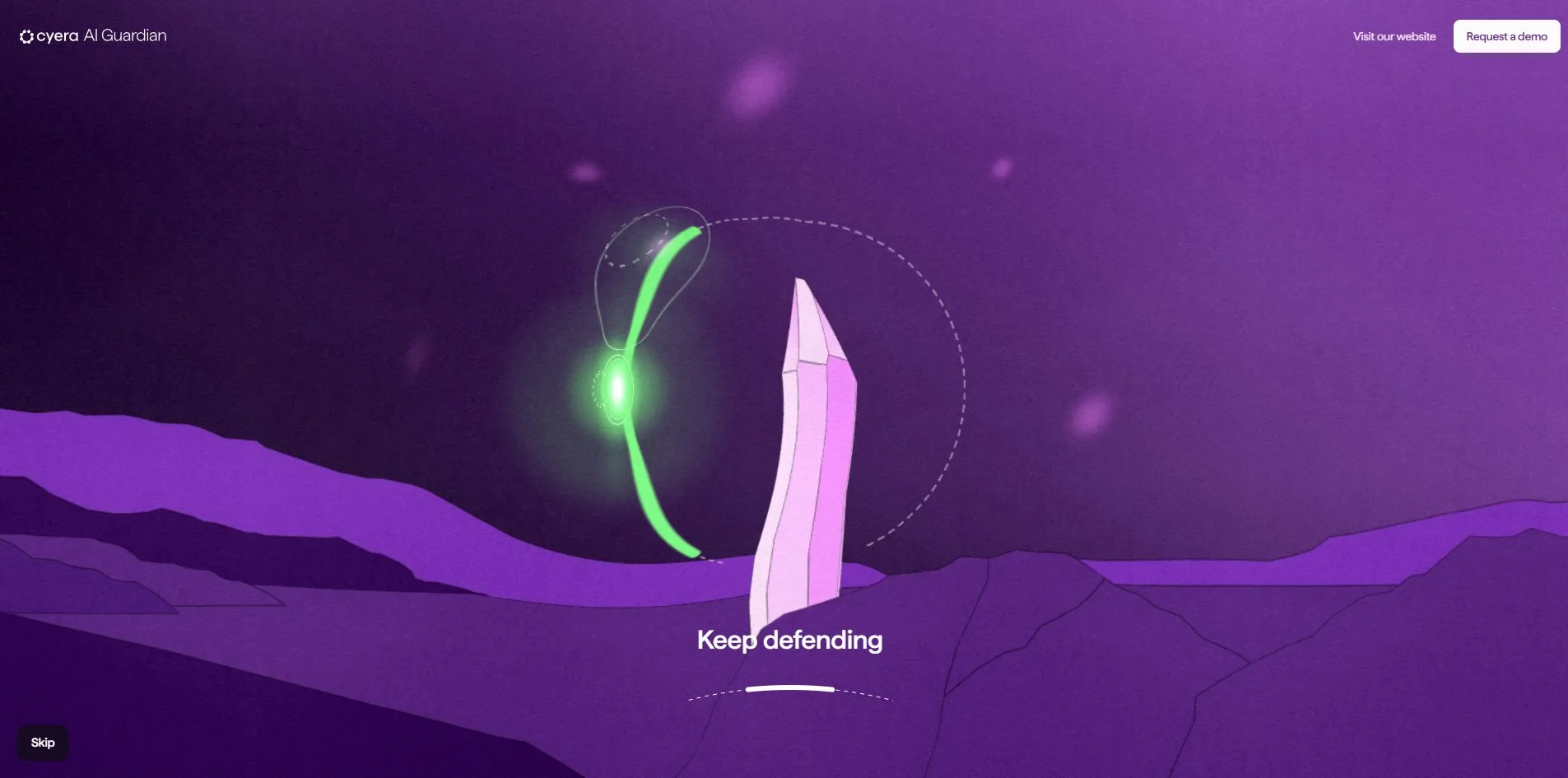 The Protect shield game. A pink crystal leans on a purple hillside, a glowing green curved shield to its left is blocking an asteroid with a burst of green light at the point of impact, a dashed circle marks the orbit the shield travels around the crystal, and Keep defending sits below.