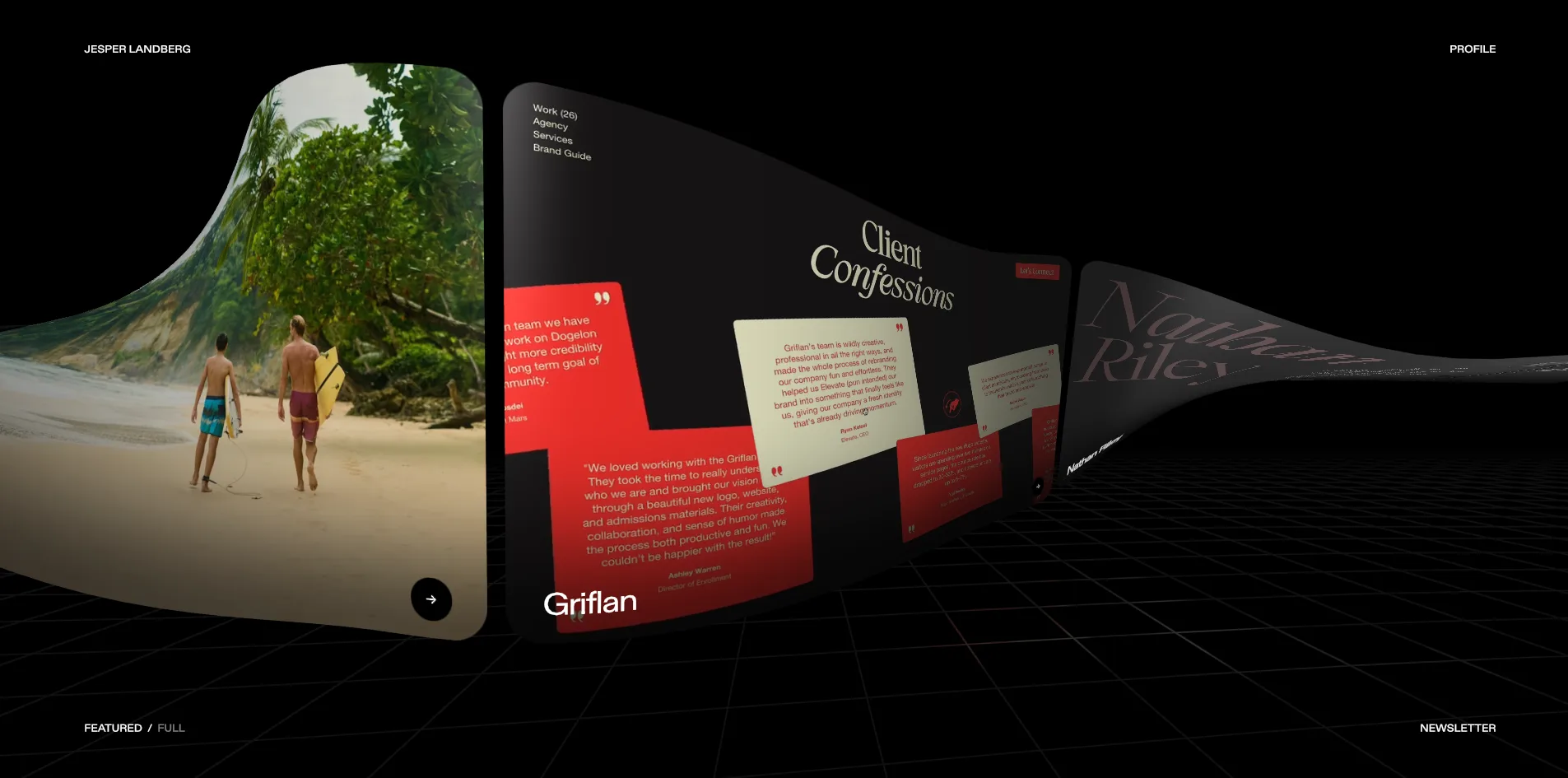 A moment during a fast scroll. The card at the left end of the ribbon rears toward the camera and looms large, showing two people walking on a tropical beach, the middle card is a red-and-black client testimonial card, and the cards on the right are wrung into a long, thin surface almost edge-on to the camera.
