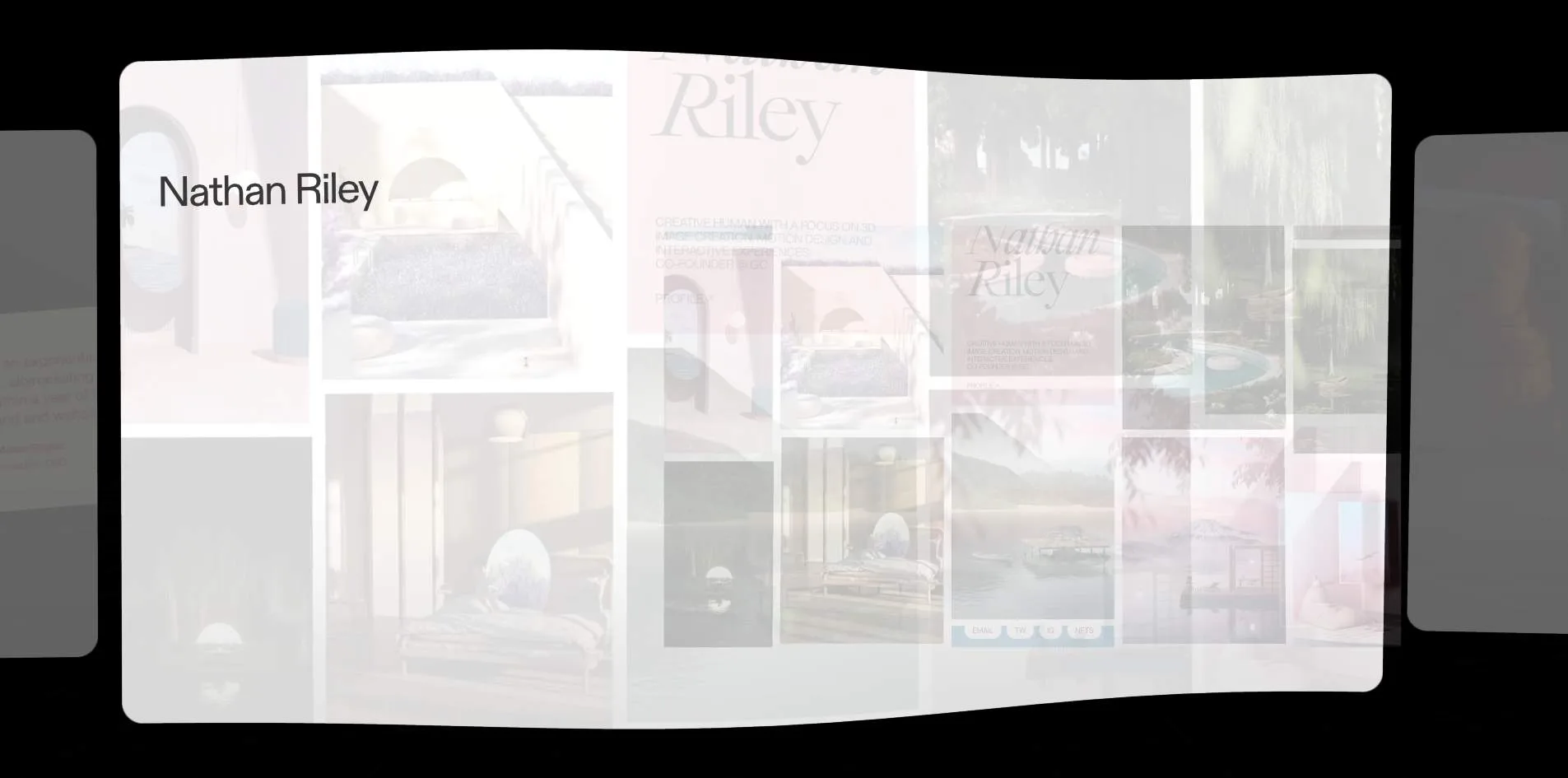 Halfway through the transition from the home page to a project page. A semi-transparent white card almost fills the screen, its edges still slightly curved, the black words Nathan Riley appear at its top left, pink lettering and a collage of landscape photos show faintly through it, and the grey edges of the neighbouring cards peek out on both sides.