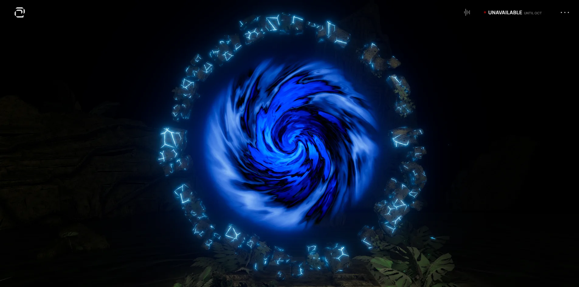 The ring of reassembled stones stands in the dark jungle, each stone lit with blue zigzag lines, and in its middle a deep blue vortex with a texture like stirred paint spins outward.