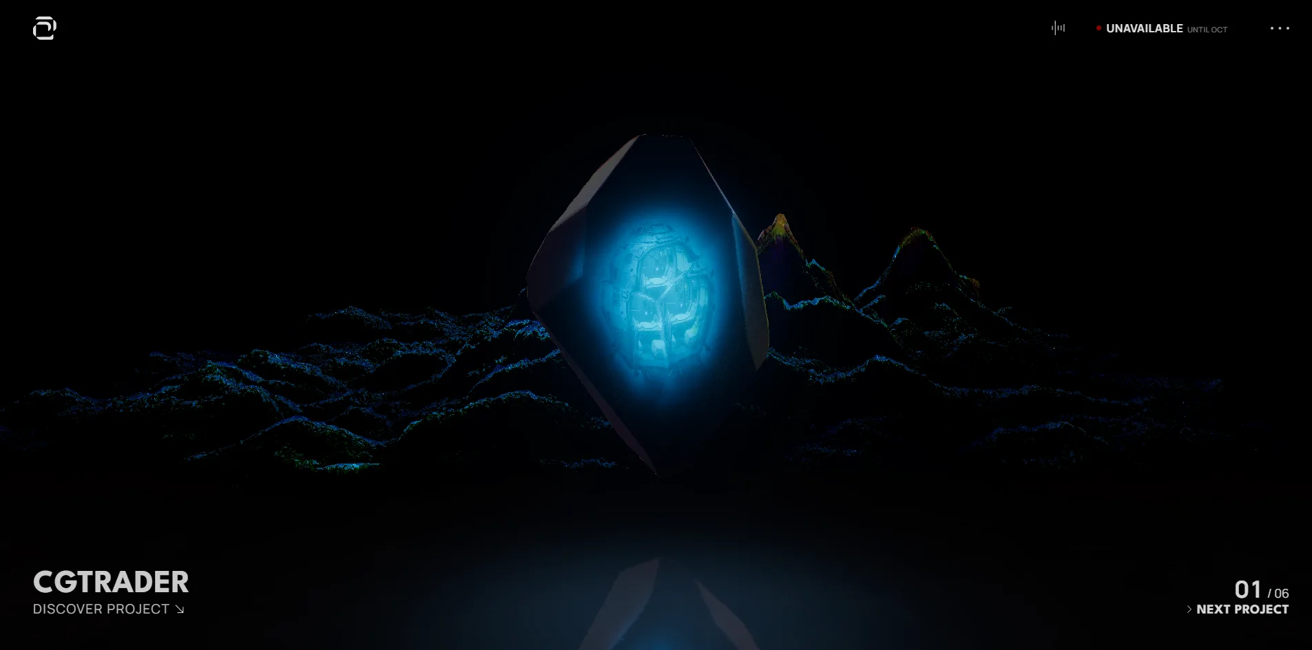 The projects scene. A dark faceted crystal stands in the middle of the frame with a blue glow at its core, a rolling mountain range made of blue points of light behind it and its reflection on the ground below, the large white words CGTRADER and DISCOVER PROJECT at the lower left and 01 / 06 and NEXT PROJECT at the lower right.