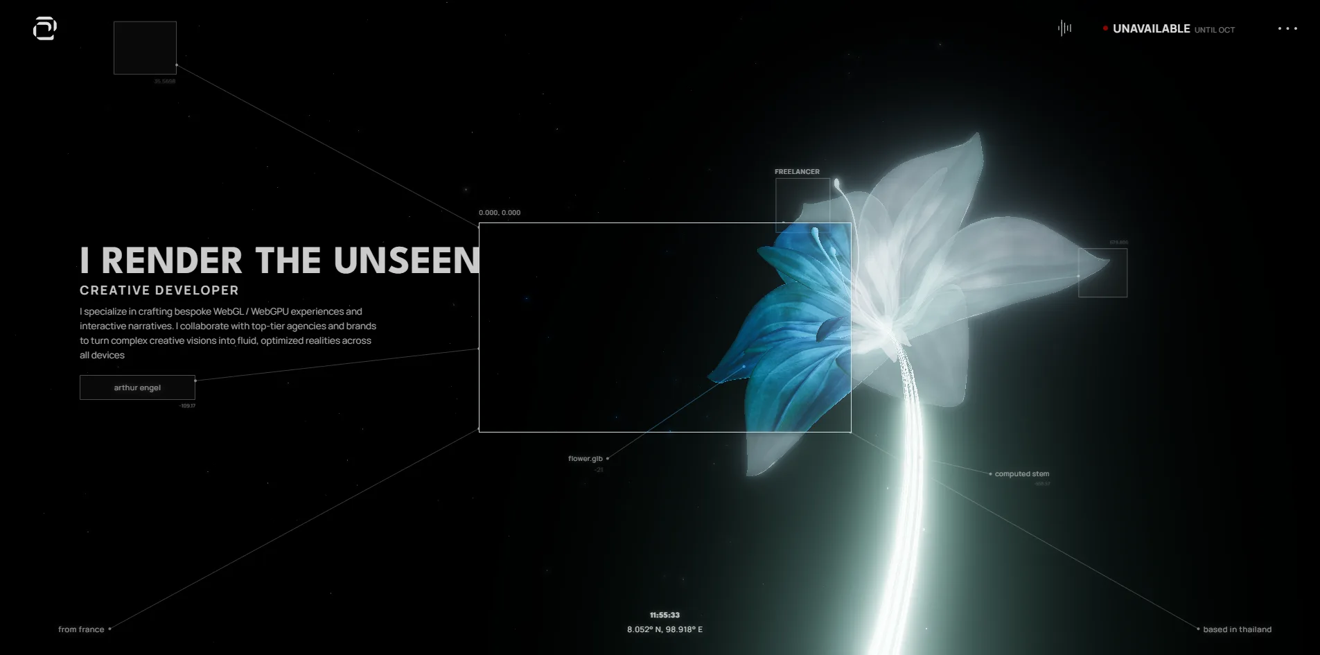 The about scene. A white glowing lily fills the right half, its stem a beam of light, and a rectangular frame covers the left part of the flower so that the petals inside it show blue while the rest stays translucent white. The large white words I RENDER THE UNSEEN and a few lines of bio sit on the left, thin lines connect small labels such as FREELANCER, flower.glb, computed stem, from france and based in thailand, and a clock and a pair of coordinates sit at the bottom.