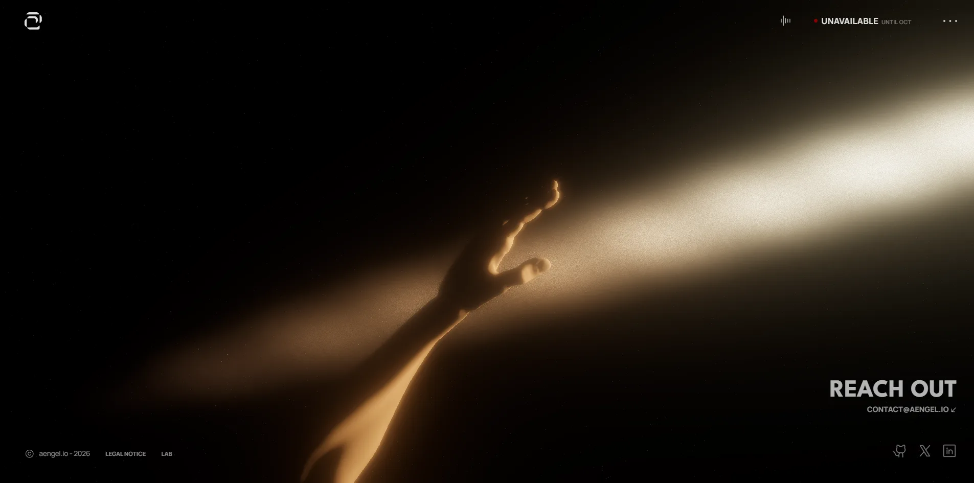 The contact scene. A hand reaches from the lower left toward the upper right with its fingers spread, right into a warm yellow beam of light coming from the top right corner with fine specks of dust floating in it. The large white words REACH OUT and an email address sit at the lower right, with three social icons below.