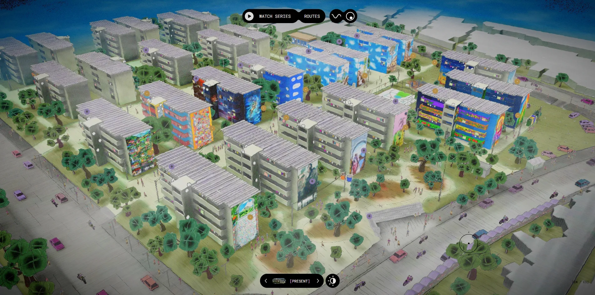 The 3D model of the neighbourhood, with grey-green apartment blocks in rows, colourful murals on their end walls, trees drawn as green blobs, small pink and purple cars on the roads, round gold and purple pins scattered across the model, two black buttons reading WATCH SERIES and ROUTES at the top, and a black switch reading PRESENT at the bottom.