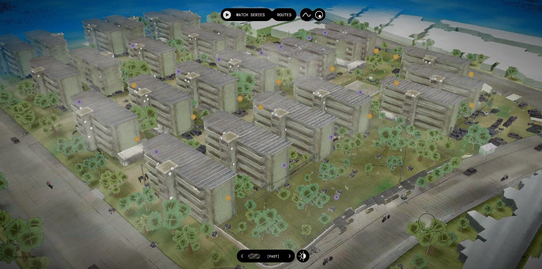 The same viewpoint switched to the past, with no murals on the end walls, the whole district in grey-green, black debris piled beside the blocks, dark cars parked along the roads, and the black switch at the bottom reading PAST.