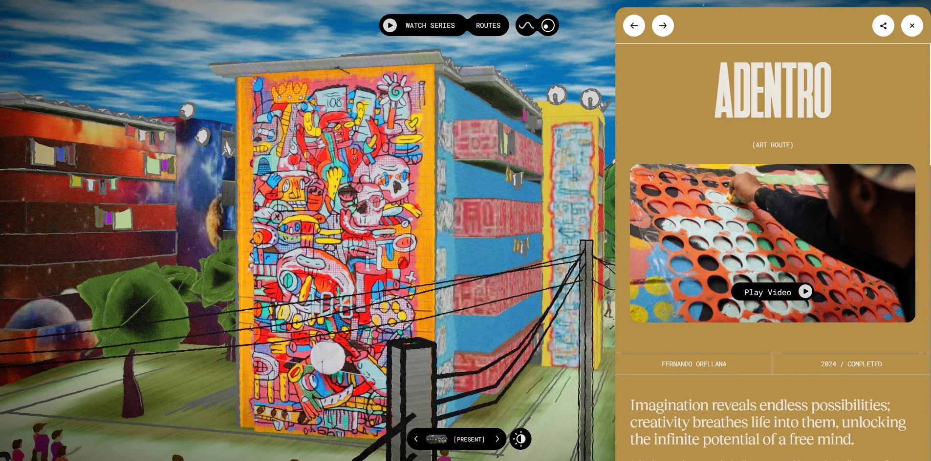 The camera close to the end wall of a block, which carries a mural in red, yellow and blue crowded with cartoon faces, and on the right a mustard yellow panel titled ADENTRO, with ART ROUTE below it, then a film still with a Play Video button, and the credits FERNANDO ORELLANA and 2024 / COMPLETED.