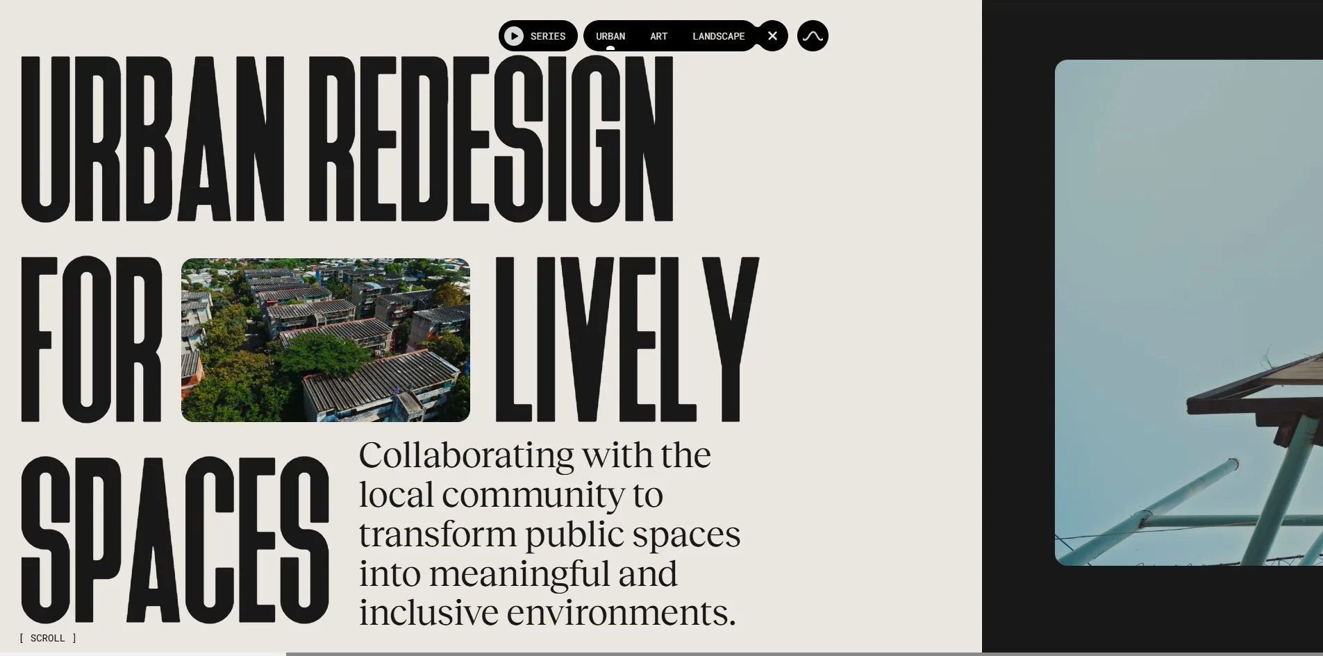 The opening of the urban route, with three lines of black condensed capitals reading URBAN REDESIGN FOR LIVELY SPACES on off-white, an aerial photograph of the district set between FOR and LIVELY on the second line, a serif introduction at the lower right, and the dark film area of the next screen showing at the right edge.