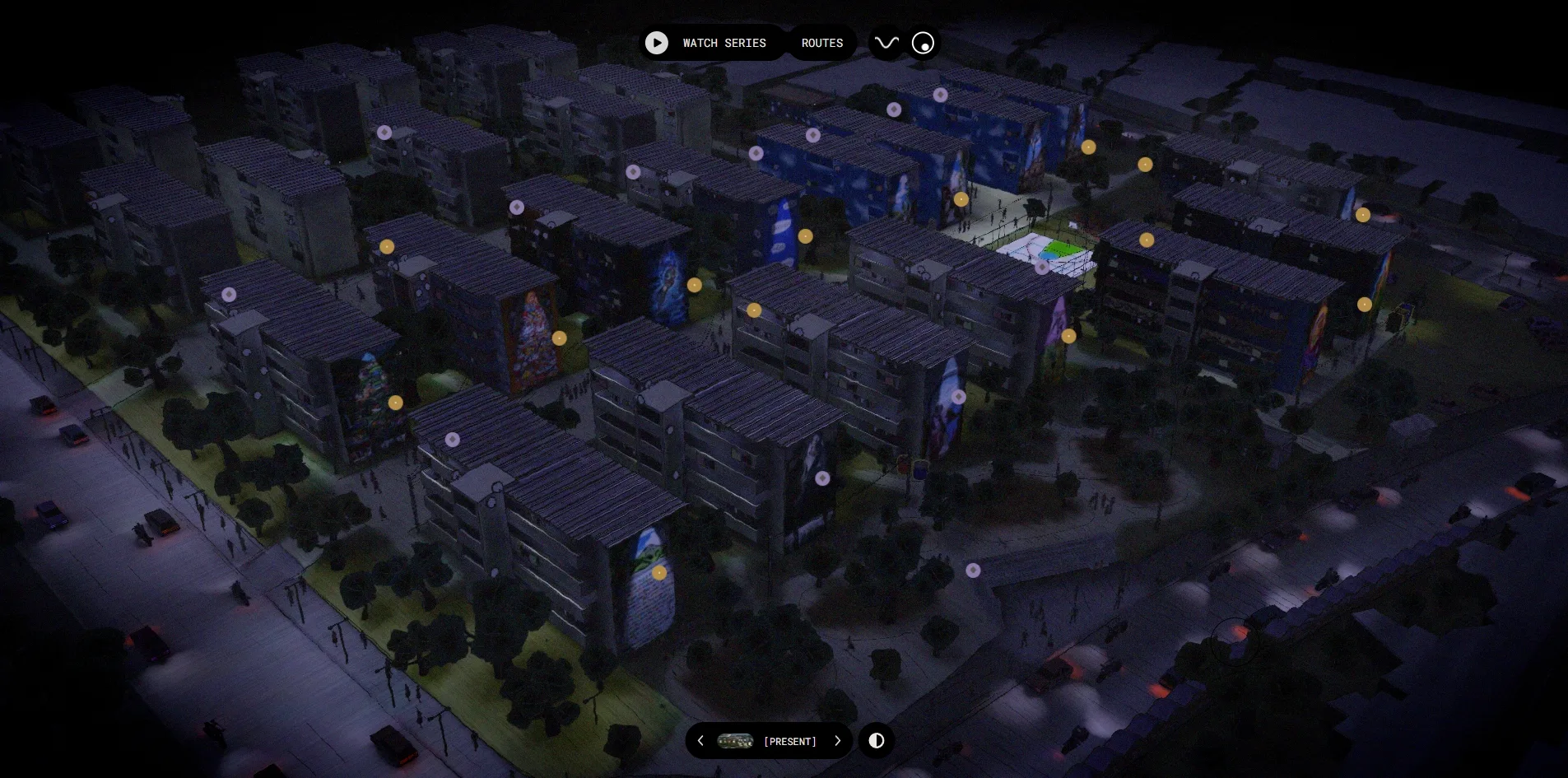The neighbourhood at night, with the blocks turned a deep blue-purple, several murals and a sports court lit up, cars on the roads trailing orange-red tail lights, and the gold and purple pins glowing in the dark.