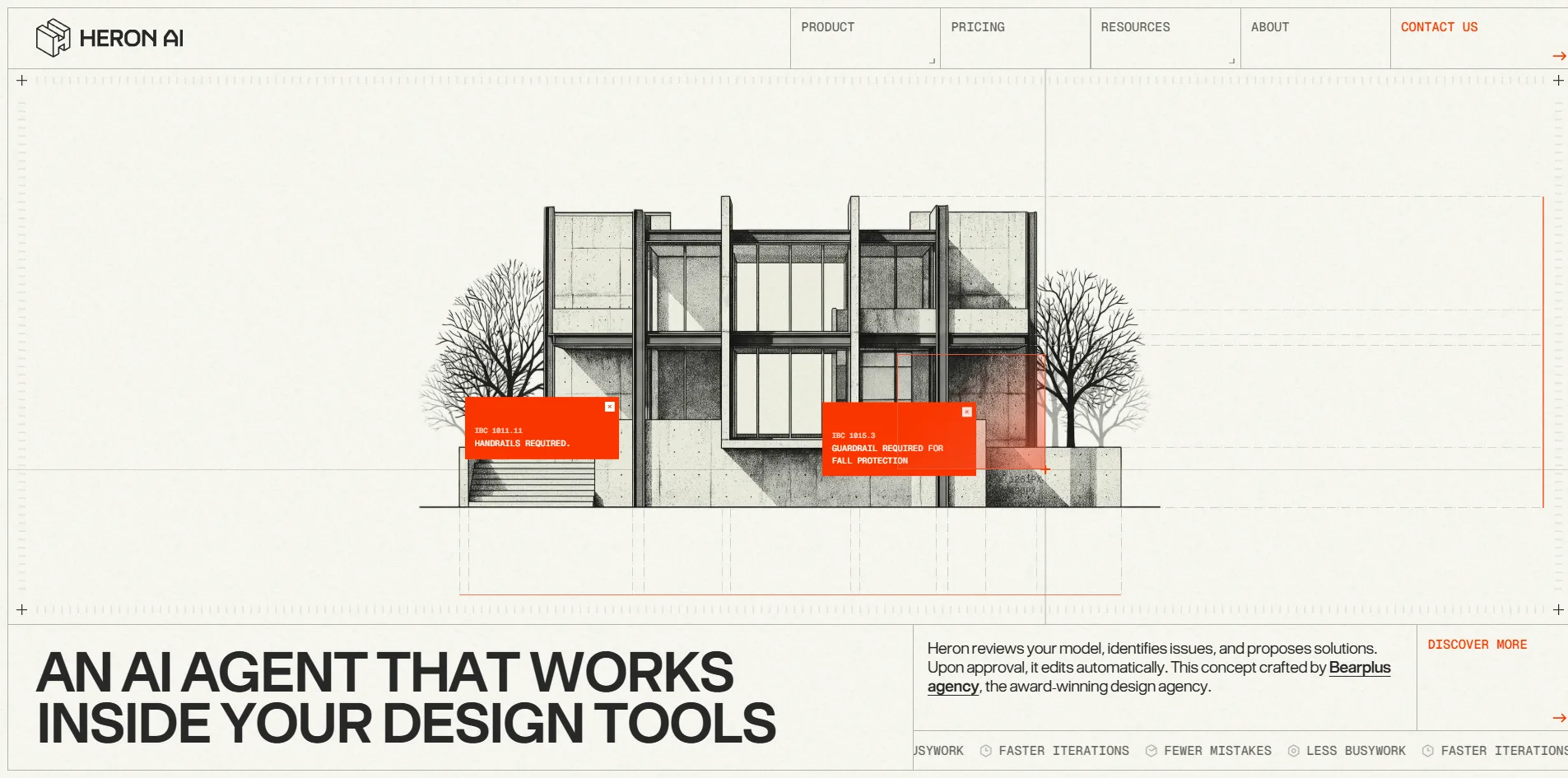 The first screen. A two-storey concrete house drawn in pencil and charcoal stands between two bare trees, a translucent orange selection box covers the balcony on the right, and two orange cards hang at the lower left and lower right of the house reading IBC 1011.11 HANDRAILS REQUIRED and IBC 1015.3 GUARDRAIL REQUIRED FOR FALL PROTECTION, above the large black words AN AI AGENT THAT WORKS INSIDE YOUR DESIGN TOOLS.