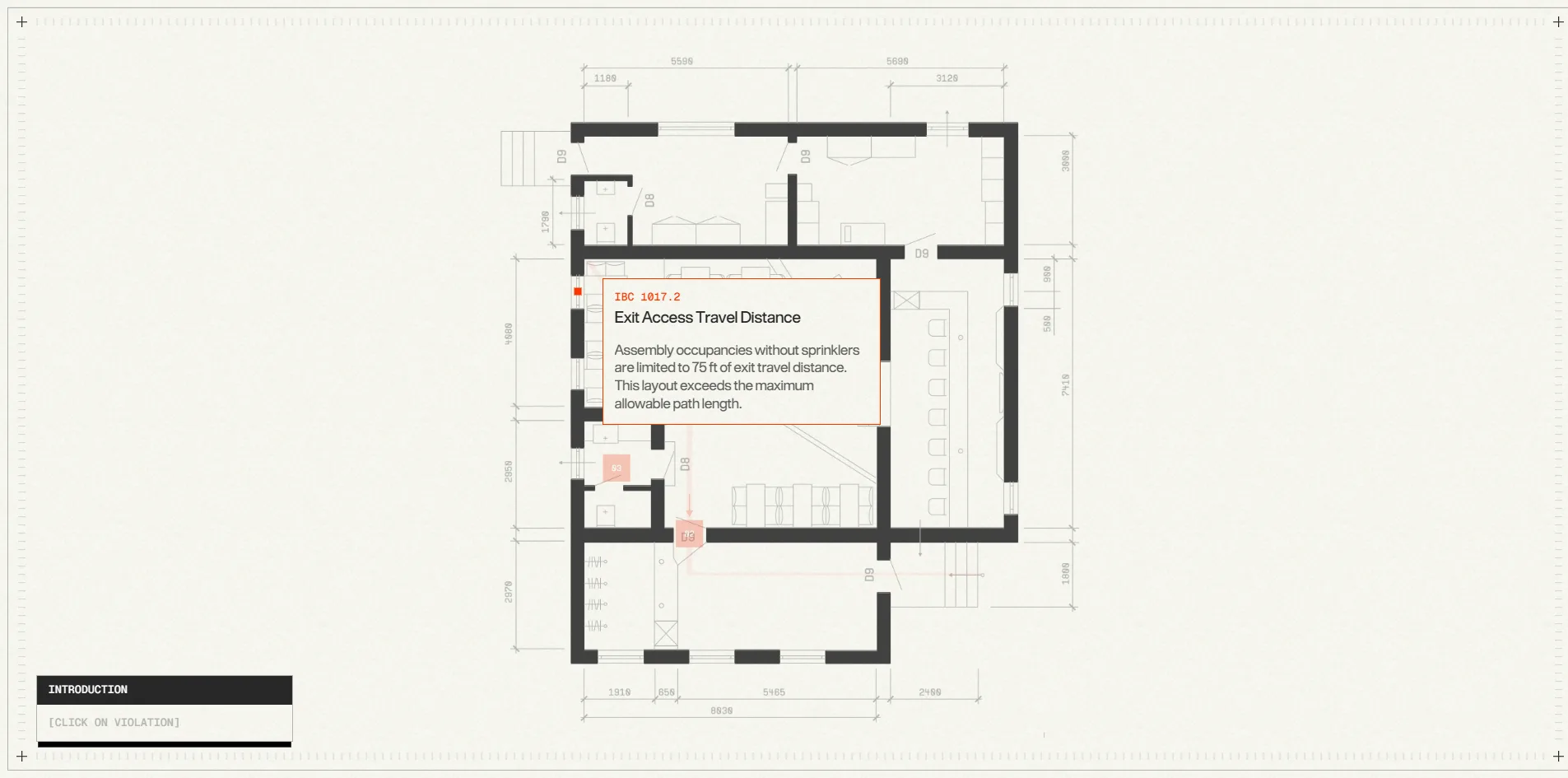 A house floor plan drawn in thick black lines with dimension lines on every side. Beside a red dot on the left, a white card with an orange frame is open, headed IBC 1017.2 Exit Access Travel Distance, with a short note below saying that assembly spaces without sprinklers are limited to 75 feet of exit travel distance, and a small black label marked INTRODUCTION sits at the lower left.