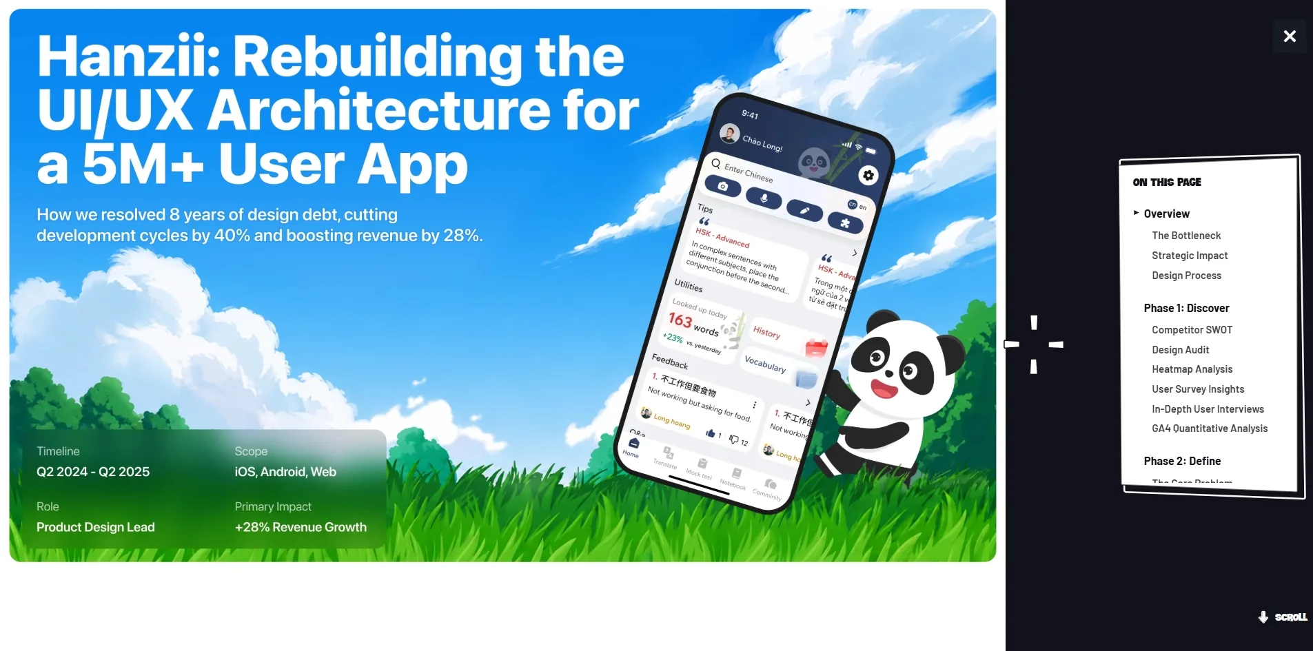 The opening of the Hanzii case study, with a large image on the left over a blue sky and grass that reads Hanzii: Rebuilding the UI/UX Architecture for a 5M+ User App and shows a phone and a panda, and a dark sidebar on the right holding a white card headed ON THIS PAGE that lists section names such as Overview, The Bottleneck and Strategic Impact.