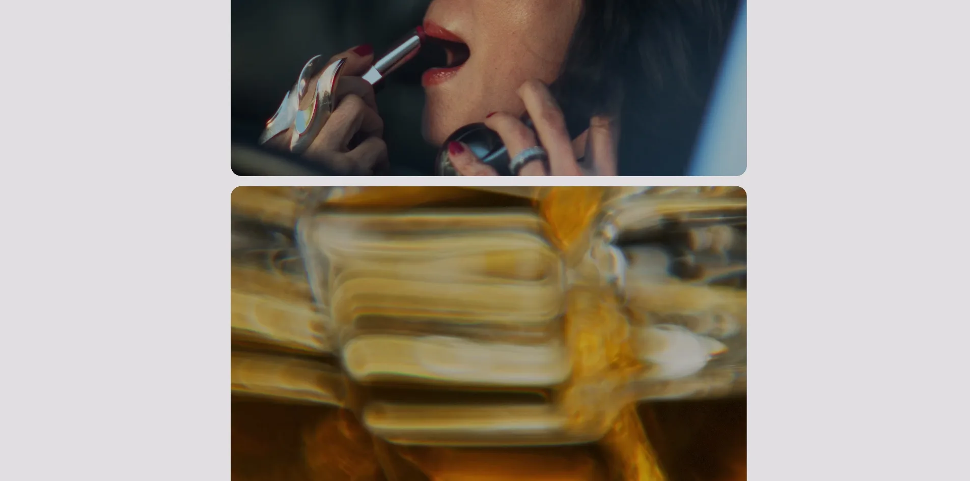 开场转轮里的一瞬,浅灰底上一列圆角的影片卡片正往上滚,上面一张是涂口红的特写,下面一张是一块金色腕表的局部