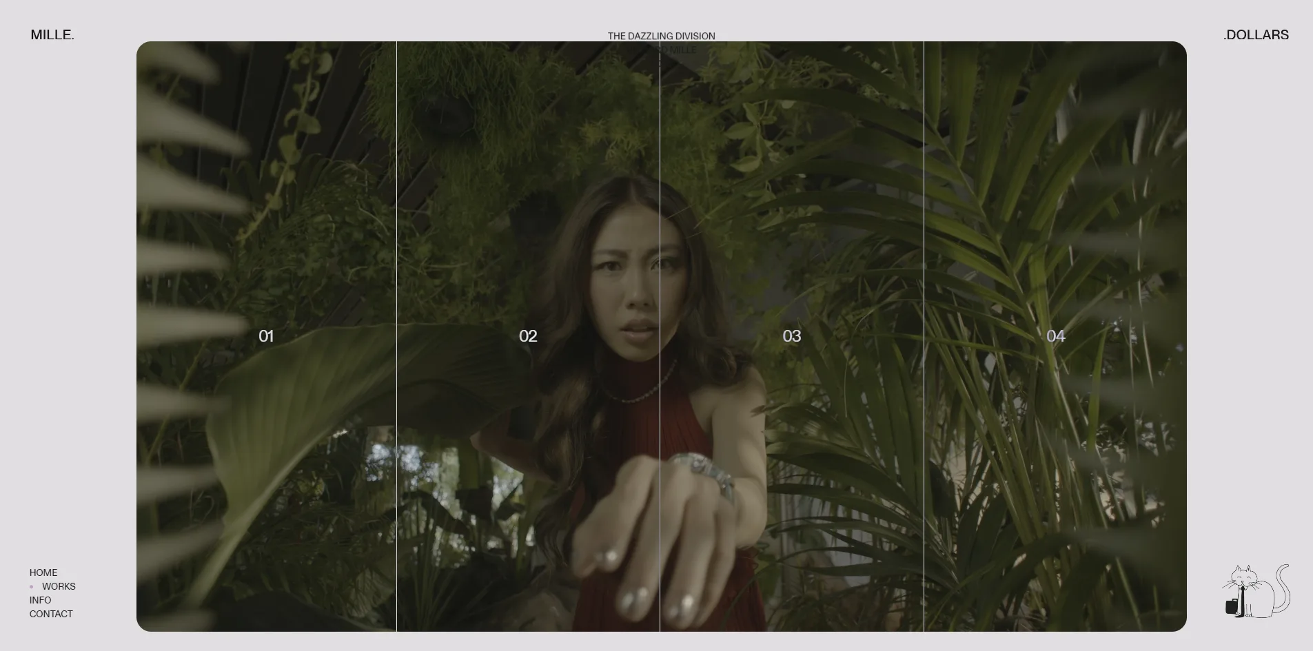 The comparison resting on the first zone, an actress crouching among the plants of a greenhouse in a dull and dark picture, with the zone numbers 01 to 04 in a row across the middle