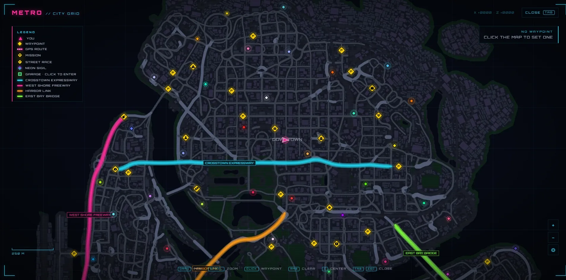 The city map, a dark street plan scattered with small yellow icons, with a cyan, a magenta, an orange and a green line marking the four highways and a legend in the top left