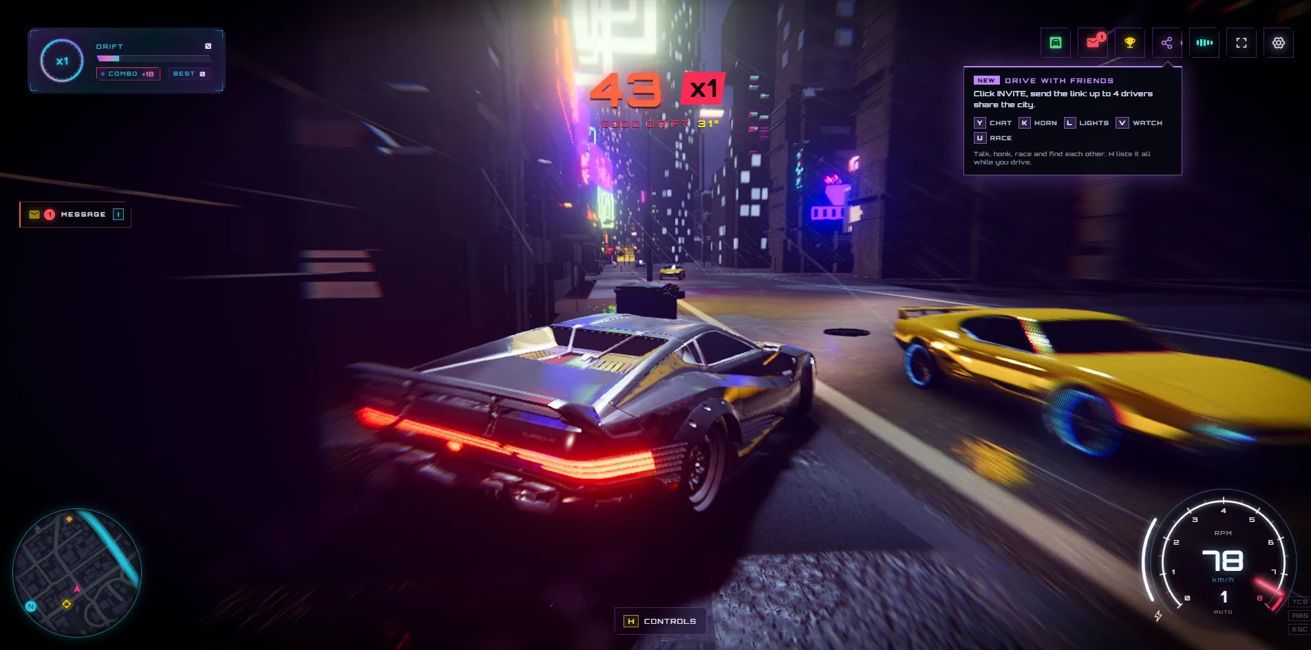 A frame while driving, a silver sports car sliding through a wet neon street with orange nitro flames from its exhaust, a yellow car passing alongside, a red drift score at the top and 78 on the speedometer in the bottom right