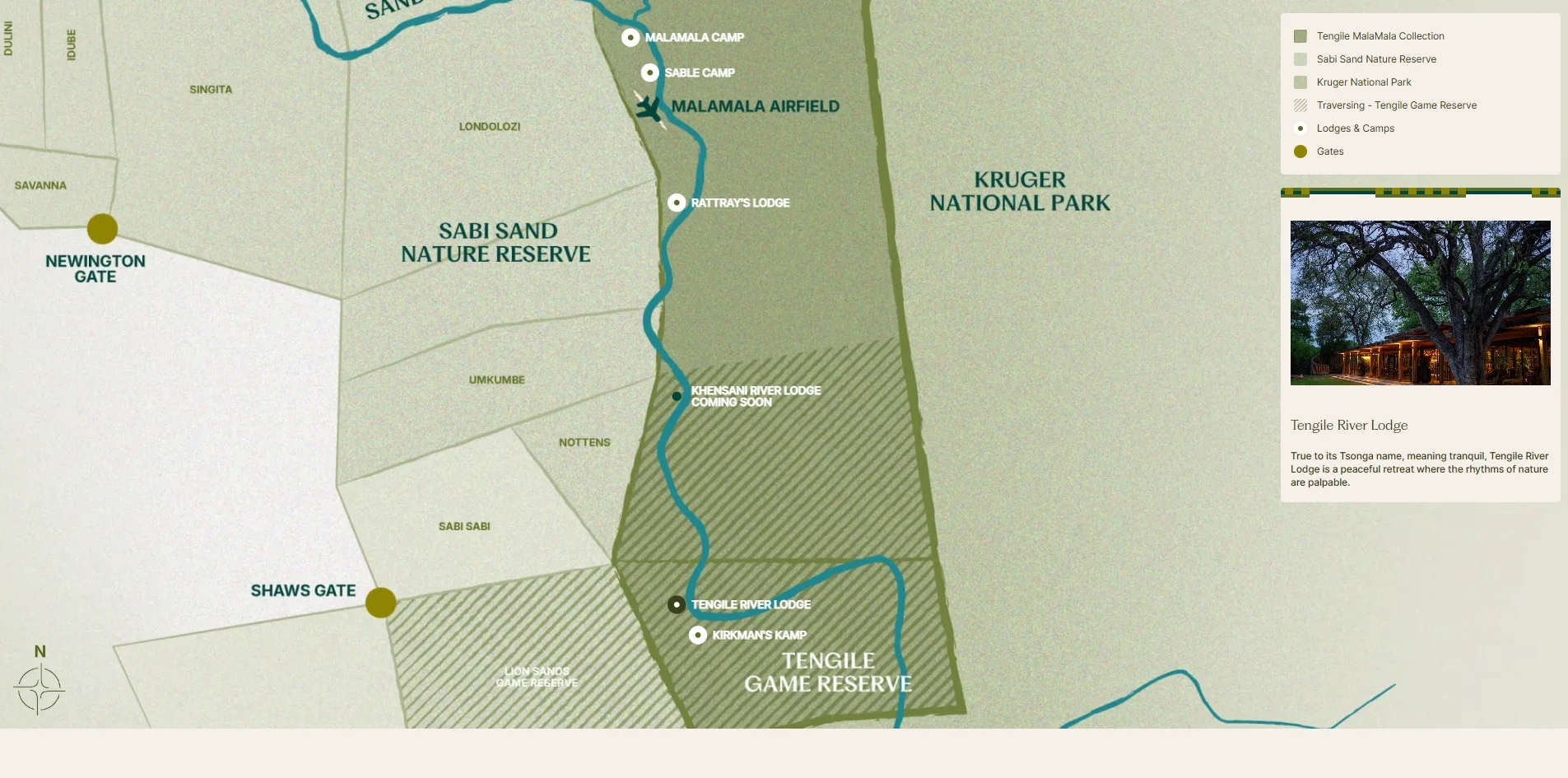 The hand-drawn map on the Accommodation page, with shades of green marking the Sabi Sand reserve, Kruger National Park and the Tengile reserve, a teal river running through the middle, and a card on the right showing Tengile River Lodge lit up at night with a one-line description