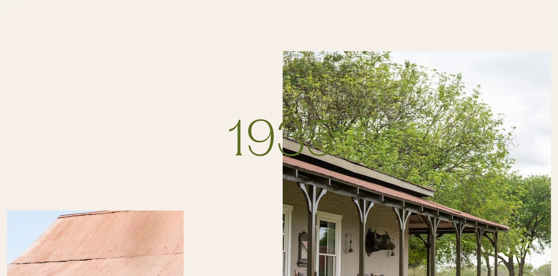 The About timeline stopped at 1935, with the green year in the middle of the screen, a photo of an old house veranda overlapping the last two digits from the right, and a corrugated iron roof showing in the lower left corner