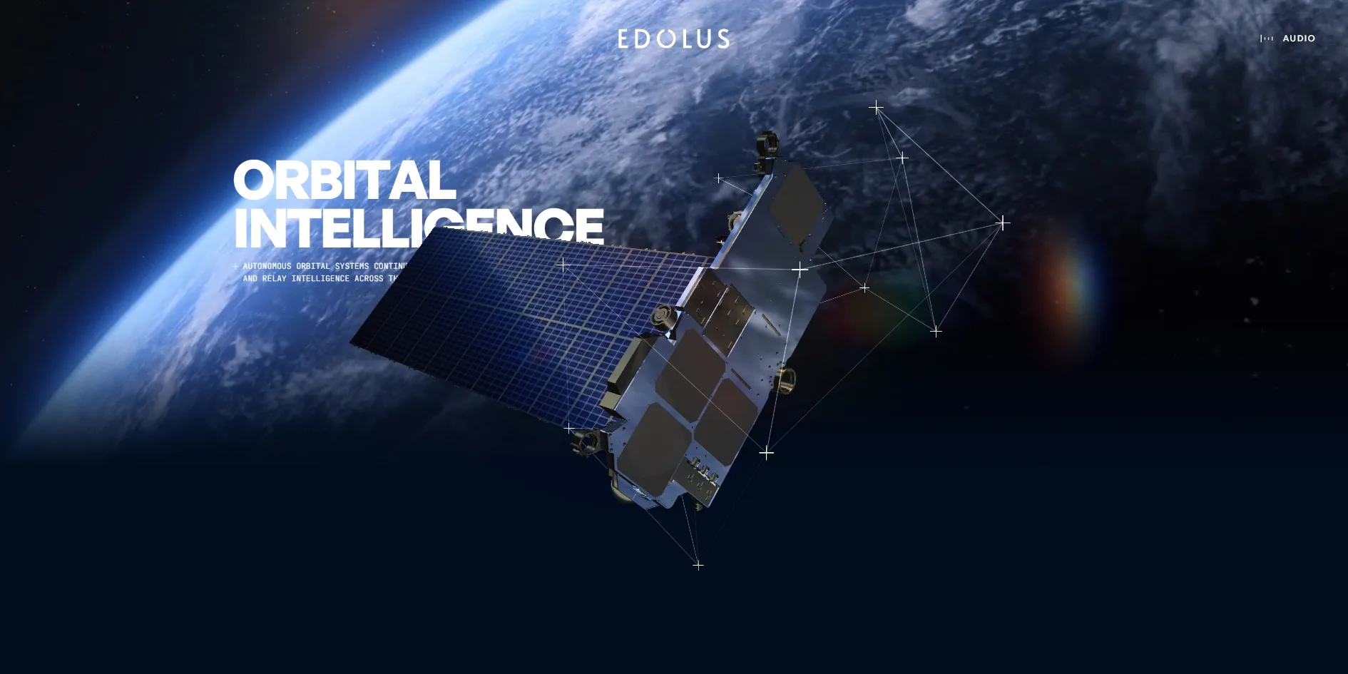 The satellite sits in front of the curve of the Earth. Part of the bold headline ORBITAL INTELLIGENCE on the left is hidden behind its solar panel, and thin lines with small crosses at their joints surround it