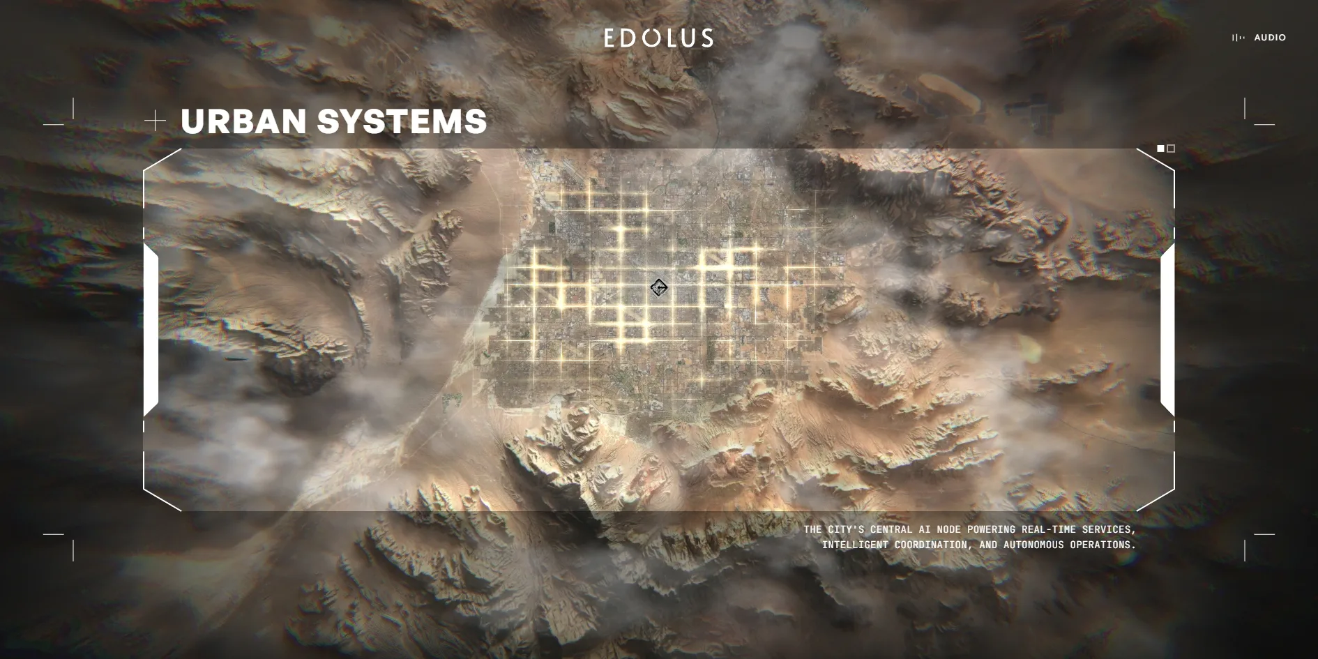 A frame with bracketed corners sits over a satellite image of desert mountains. Inside it the city's street grid glows warm yellow, and the bold headline URBAN SYSTEMS sits at the top left