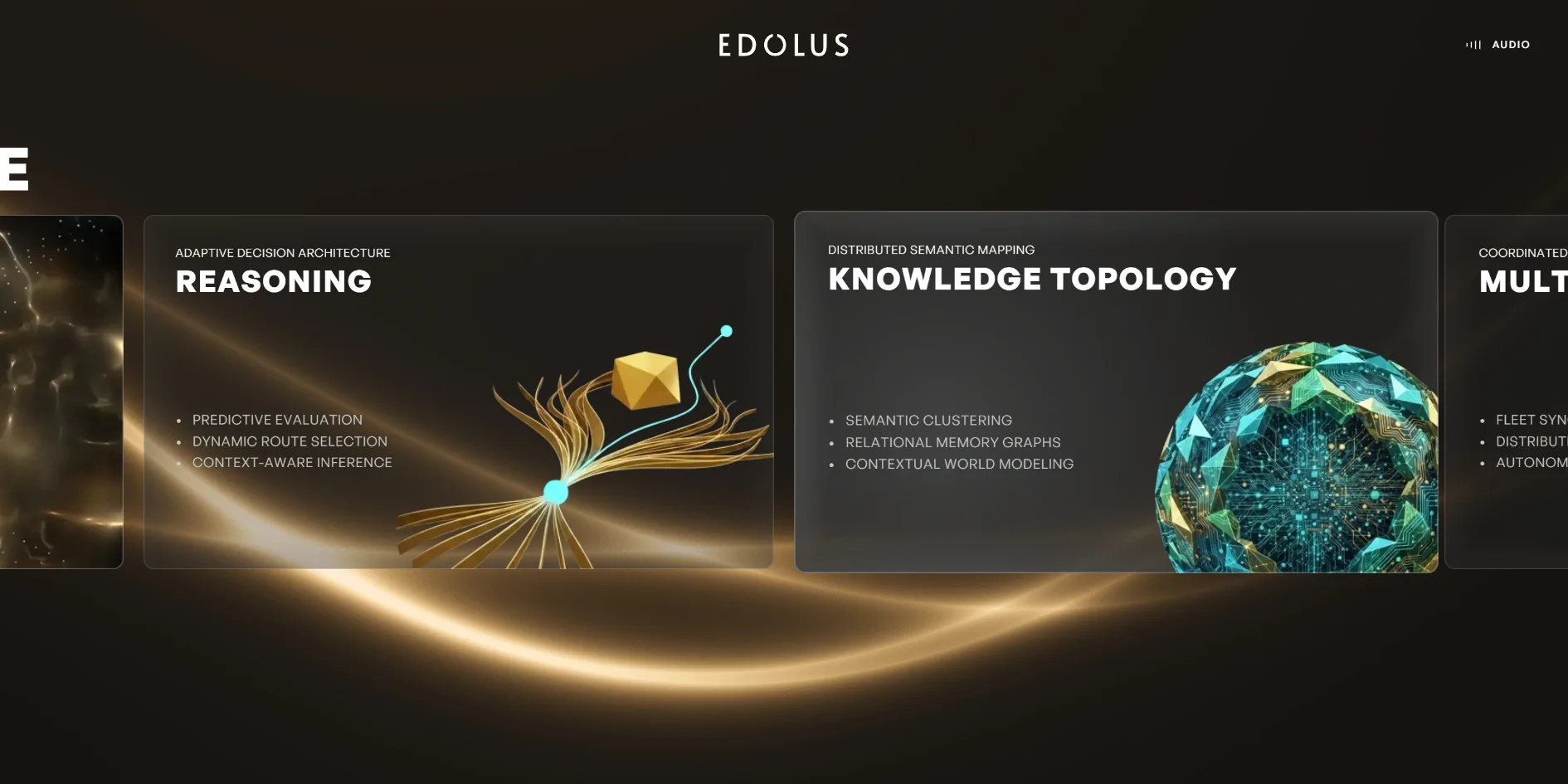 Translucent cards stand in a row over a golden band of light. KNOWLEDGE TOPOLOGY is brighter than REASONING on its left and has sharper edges, which is how a card looks with the cursor resting on it