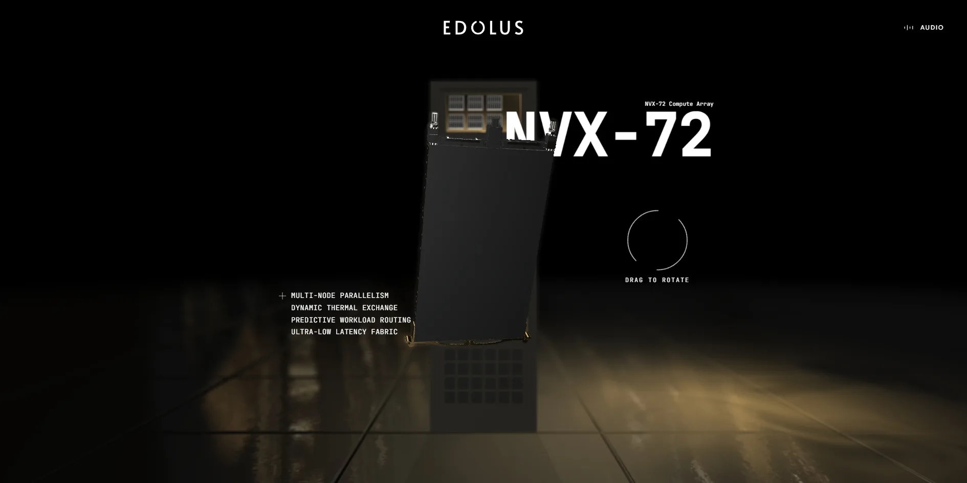 In the server room the compute tray has been flipped, and its dark side covers the first letter of NVX-72. The cursor on the right is a ring labelled DRAG TO ROTATE
