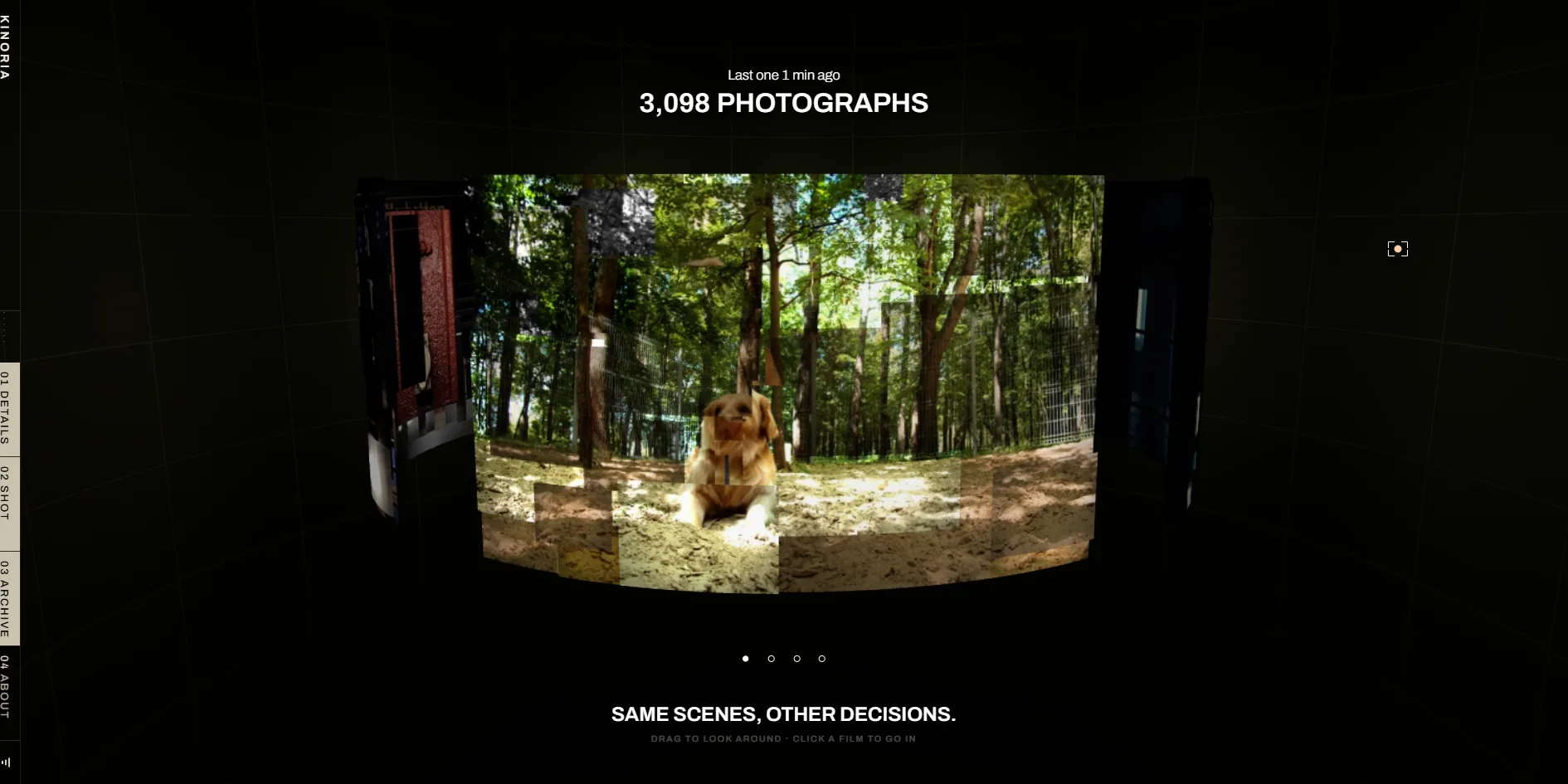The archive, where the forest park scene is rebuilt as a curved wall from dozens of small photos with different framings and the golden retriever is still visible in the middle, with Last one 1 min ago and 3,098 PHOTOGRAPHS at the top and SAME SCENES, OTHER DECISIONS. at the bottom