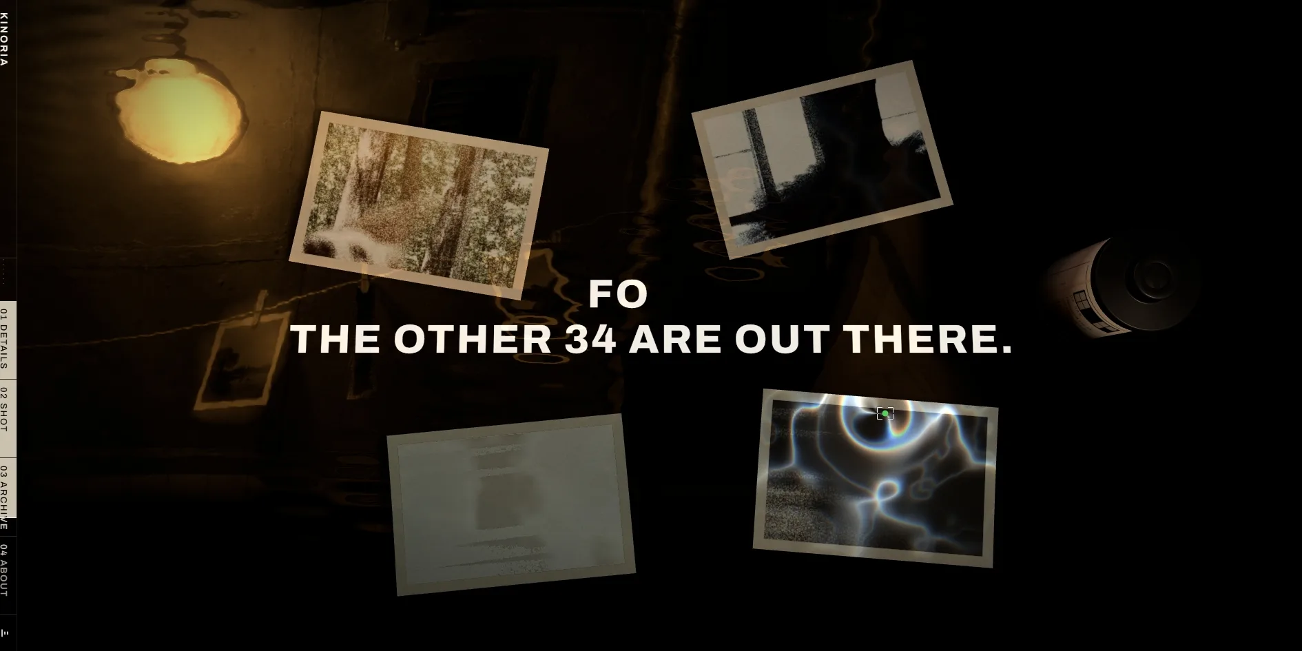The darkroom, with four prints floating in the developer, two already showing the forest and the dance studio, one streaked with coloured chemical swirls and one still blank, a warm safelight in the top left, and FO above THE OTHER 34 ARE OUT THERE. in the middle