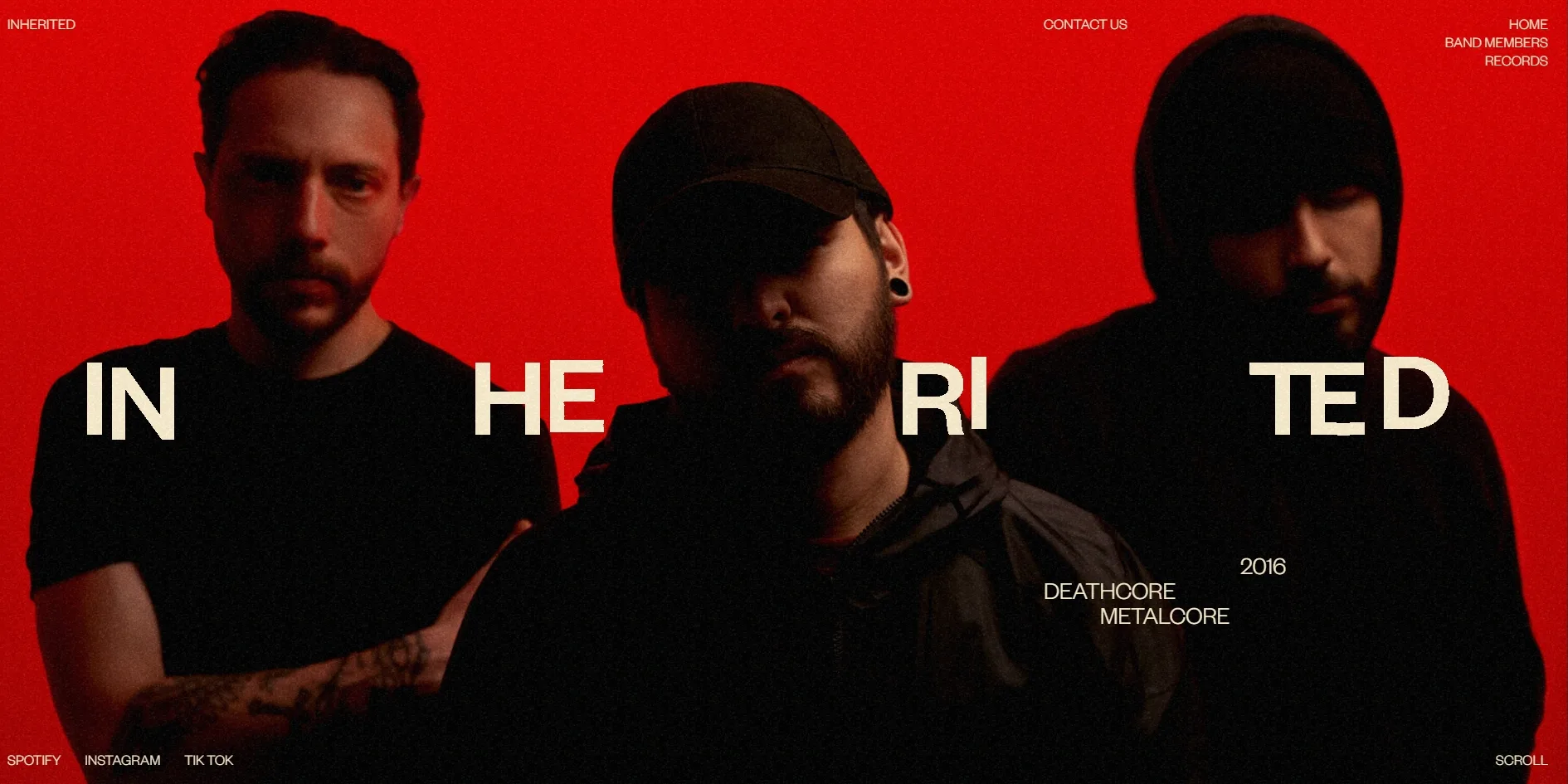The three members stand in front of a red wall. The band's name is split into IN, HE, RI and TED, laid across the gaps between them, and 2016, DEATHCORE and METALCORE sit at the lower right