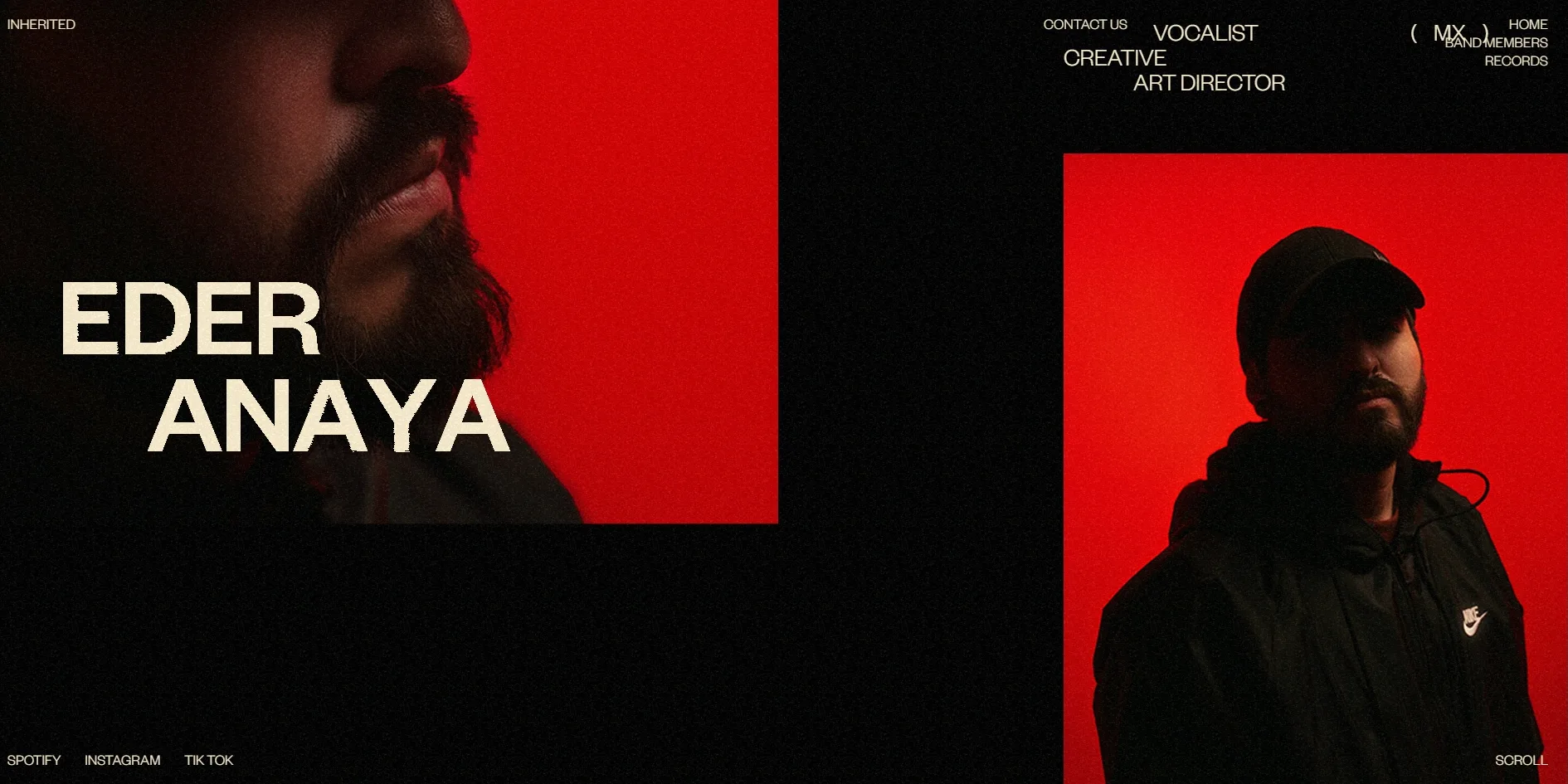 The vocalist's screen. On the left a large photo shows only a mouth and a beard, with the name EDER ANAYA in two stepped lines over it, a half-length portrait against red sits at the lower right, and the role text at the top right is crowded against the fixed navigation