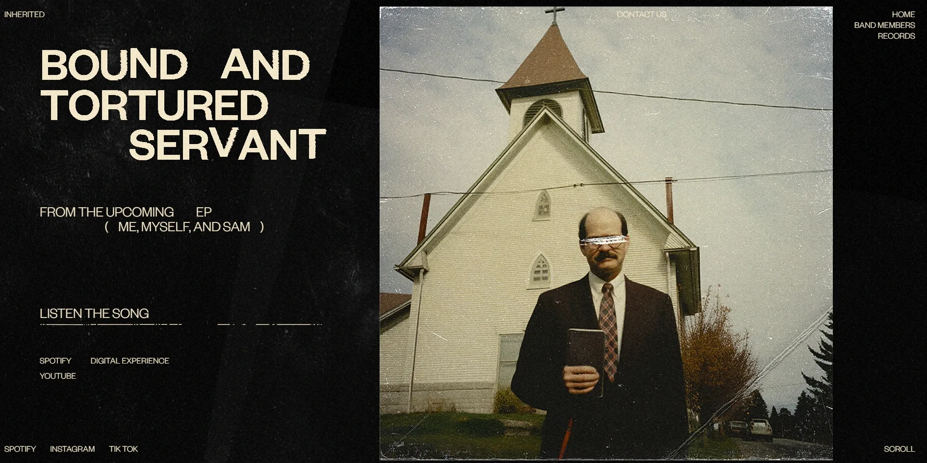 The single's screen. On the left are the stepped headline BOUND AND TORTURED SERVANT and the listening links, and on the right a yellowed old photo shows a man with his eyes covered by a white scratch standing in front of a white church