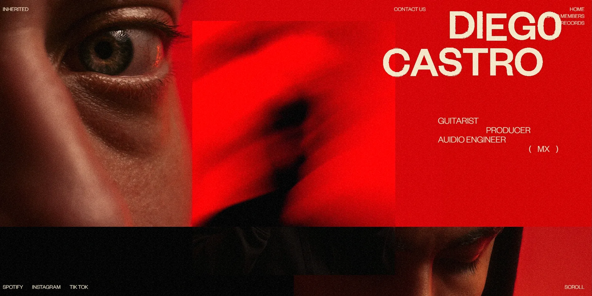 Diego Castro's screen. On the left a close-up of one eye fills half the screen, and the half-length portrait in the middle has switched to the hover clip, which smears the figure into a red and black blur