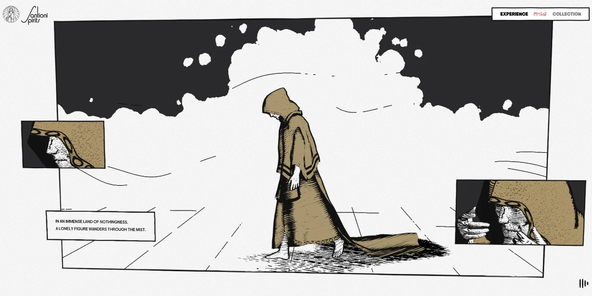 In a white panel a saint in a brown cloak walks barefoot across a wasteland with his head bowed. Two small panels on either side show his face and his clenched hand, and the caption box at the lower left reads IN AN IMMENSE LAND OF NOTHINGNESS