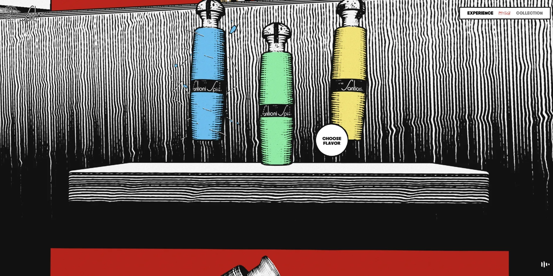 In front of a black wall covered in white vertical strokes, three bottles in blue, green and yellow stand on a white table, and the cursor has become a round white label reading CHOOSE FLAVOR