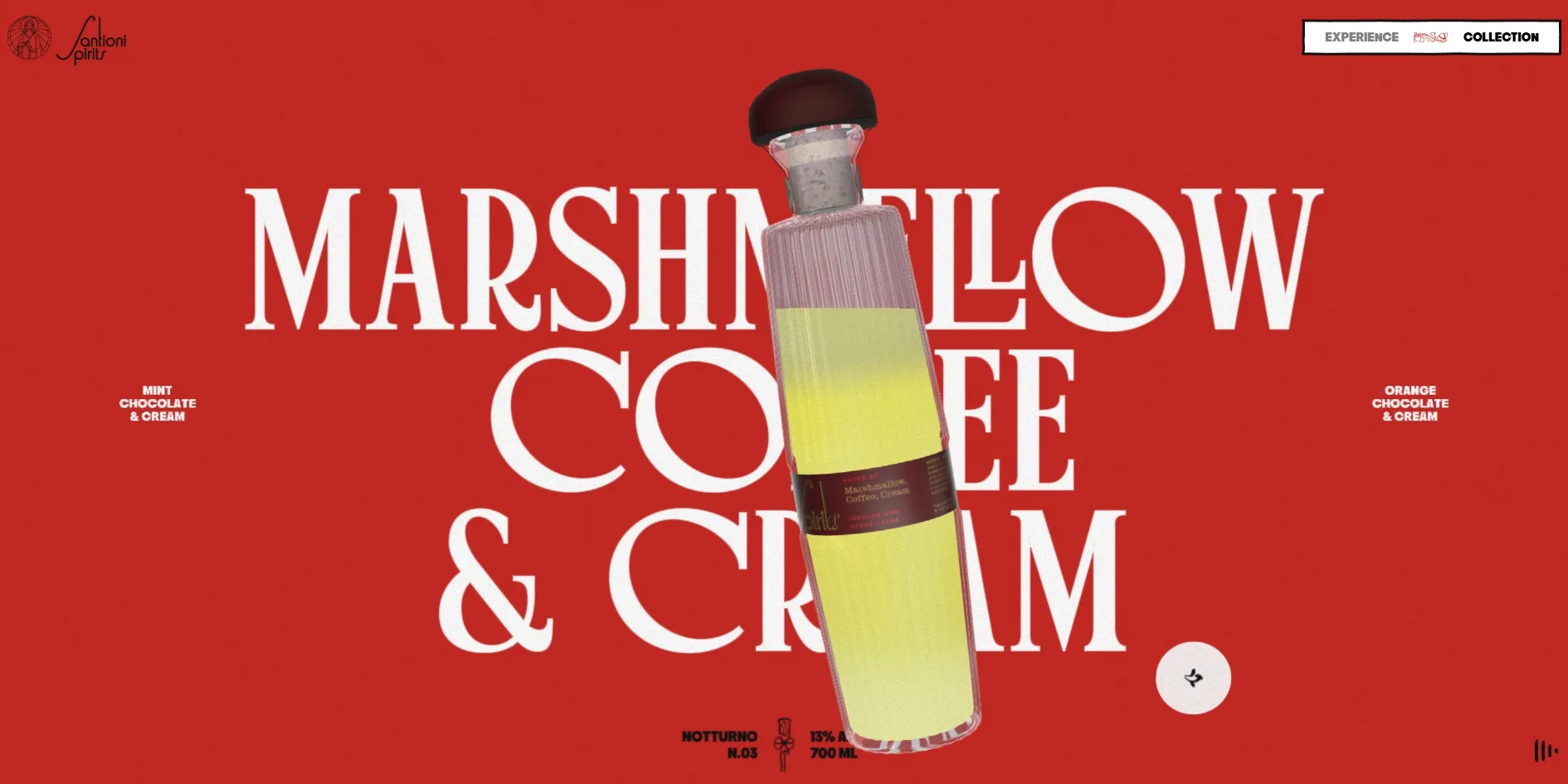 On a red background stands a clear bottle holding a yellow drink, with the large white words MARSHMALLOW COFFEE & CREAM behind it and the names of the other two flavours in small type on either side