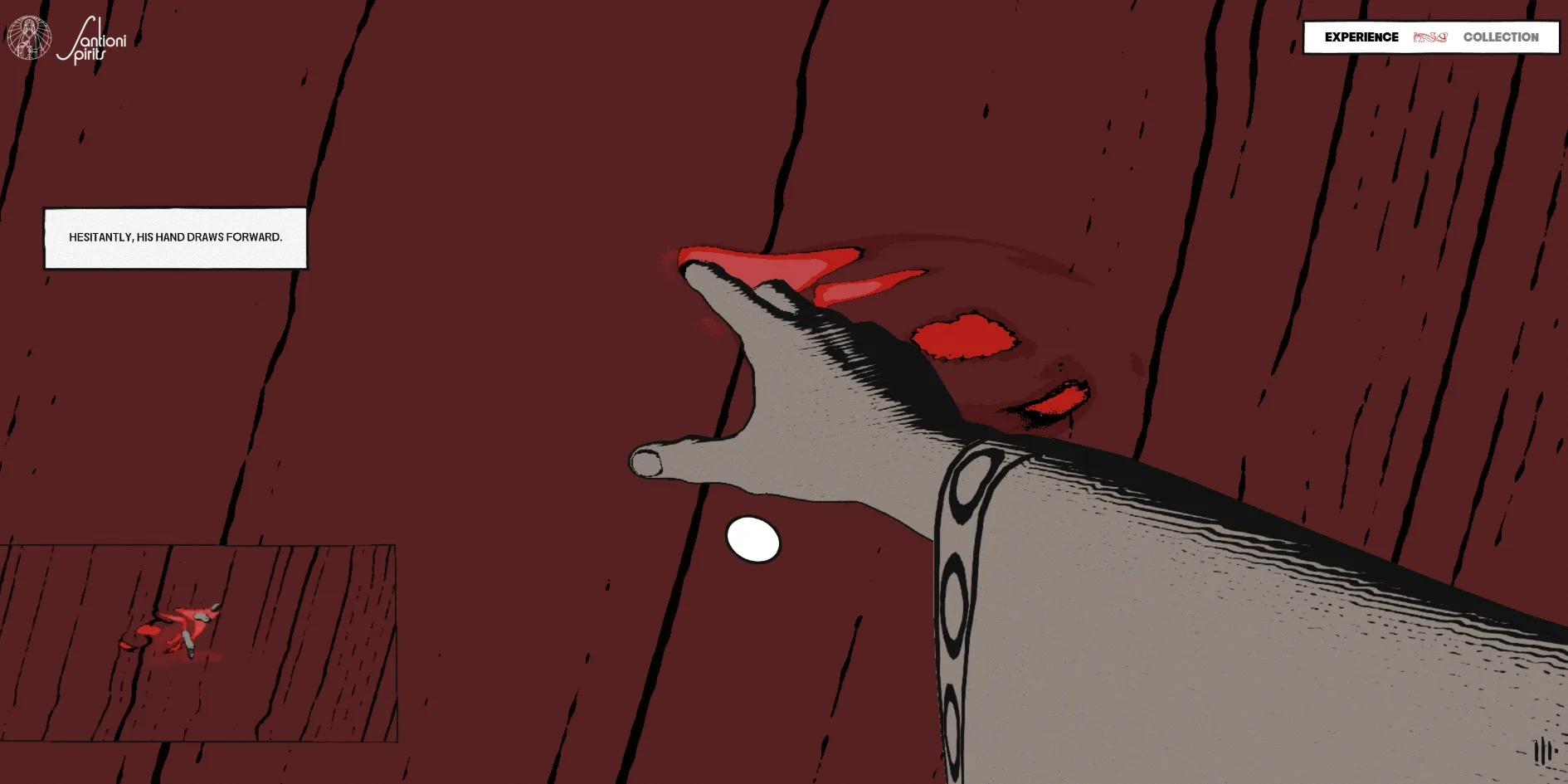 In front of a deep red wall a grey arm reaches from the lower right towards the middle of the picture, red marks blooming where the fingers touch, and the caption box at the top left reads HESITANTLY, HIS HAND DRAWS FORWARD