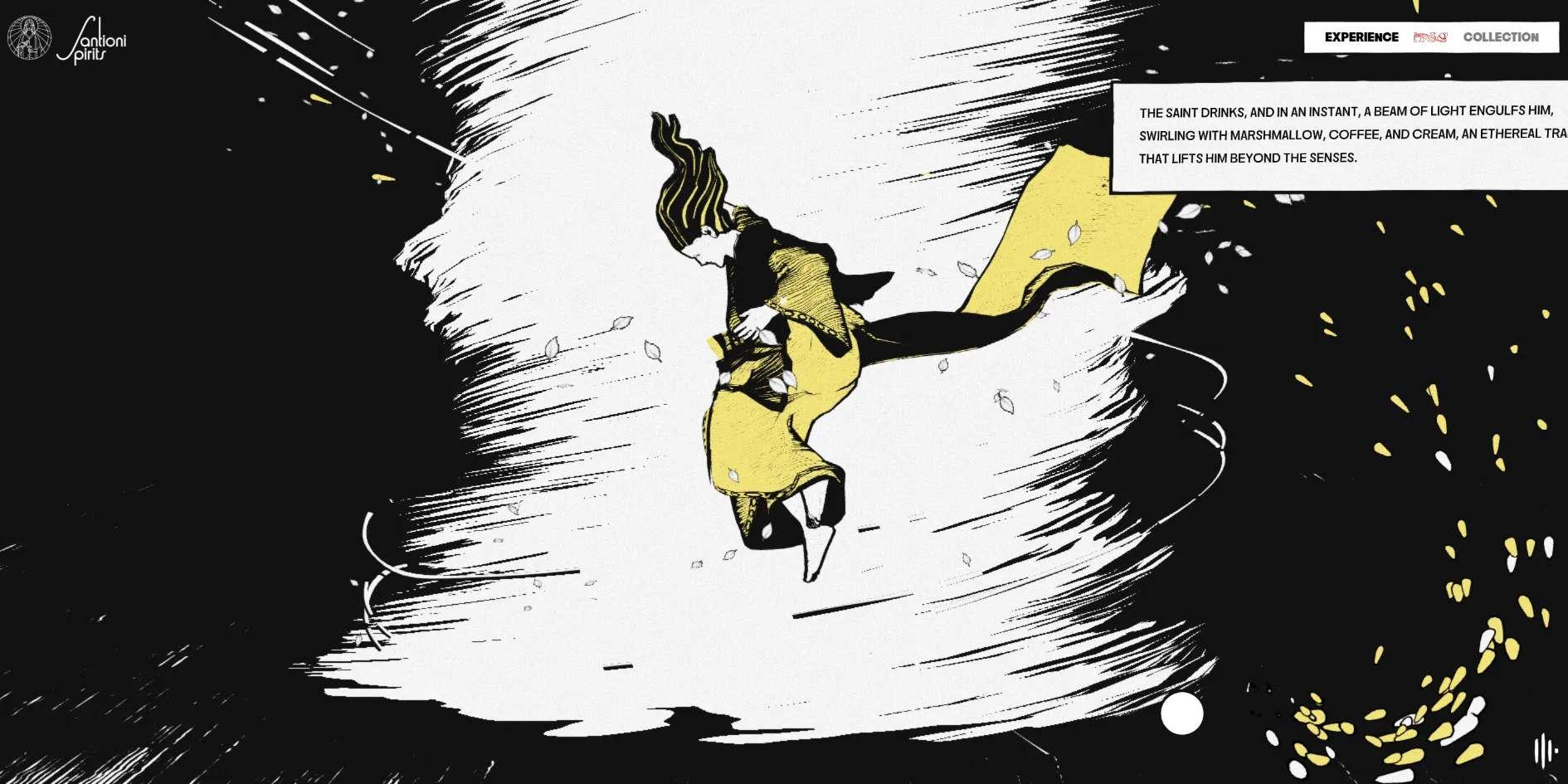In the middle of a black background is a white column of light, in which a long-haired saint in a yellow robe rises with yellow petals drifting to the right, and the caption box at the top right says the light swirls with MARSHMALLOW, COFFEE and CREAM