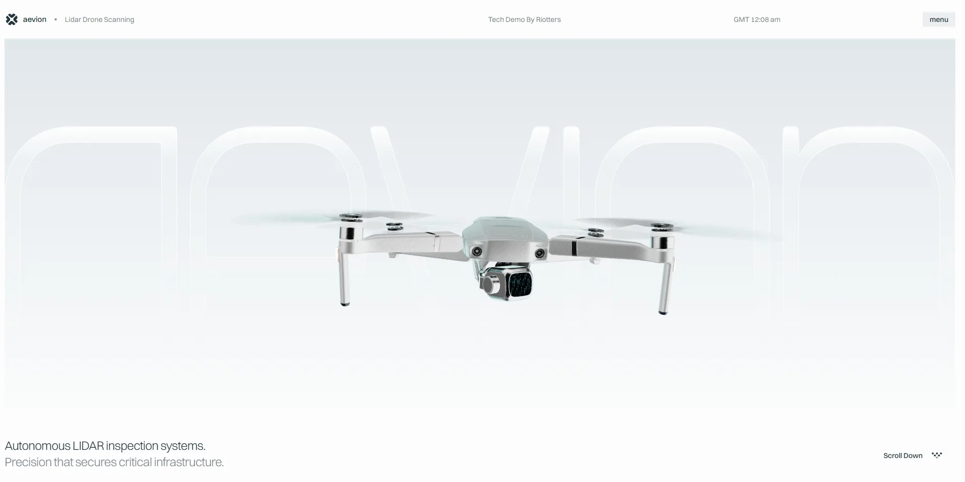 On a pale grey gradient, a silver-white quadcopter hovers in the middle in front of the huge, almost transparent outlined word aevion, and Autonomous LIDAR inspection systems sits at the lower left